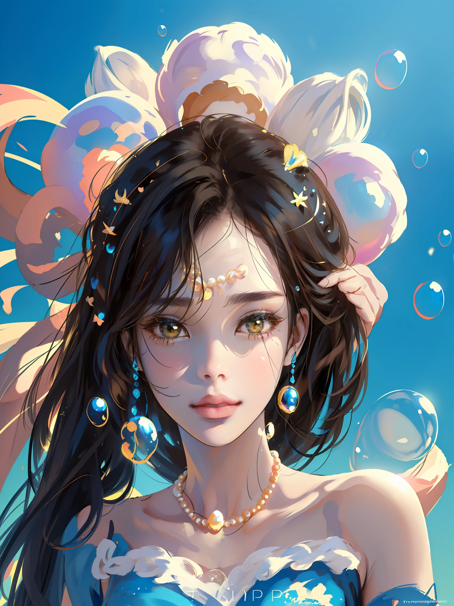 (((Masterpiece)), high quality, super detailed, black hair + blue clothing: 1.2, sweet and delicate girl, delicate facial features, perfect figure, face with pearl decoration, surrounding bubbles, bright bright colors, pearl white background, romantic long hair, natural light, warm and sweet, brown eyes, gorgeous hair decoration.
