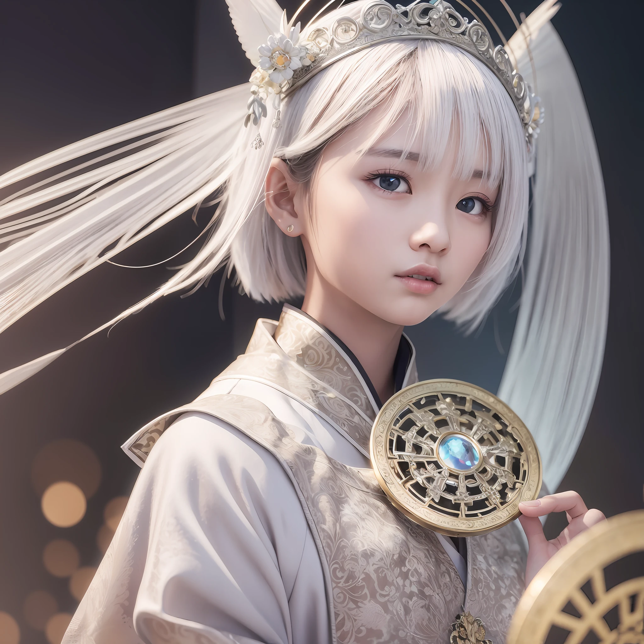 Short hair Chinese boy, dressed in Hanfu, silver hair, metal decoration, white clothing, three-dimensional facial features, next to a sacred bird, halo, amazing, gorgeous. 3D, Vray rendering, surrealism, bokeh, low angle shooting, front view, platinum color scheme, cinematic style, cinematic, realism, surreal, fantasy, mythology, product rendering, clean background, ltra detailed, in the style of realistic depiction of light, high detail on light and shadows throughout, intricate details, surreal, hypermaximalist, white studio background, luminous, iridescent, shimmering, Canon EOS - ID mark III --ar 4:5 --upbeta --style raw, hasselblad, ray tracing, Social realism, Surrealism, 8k