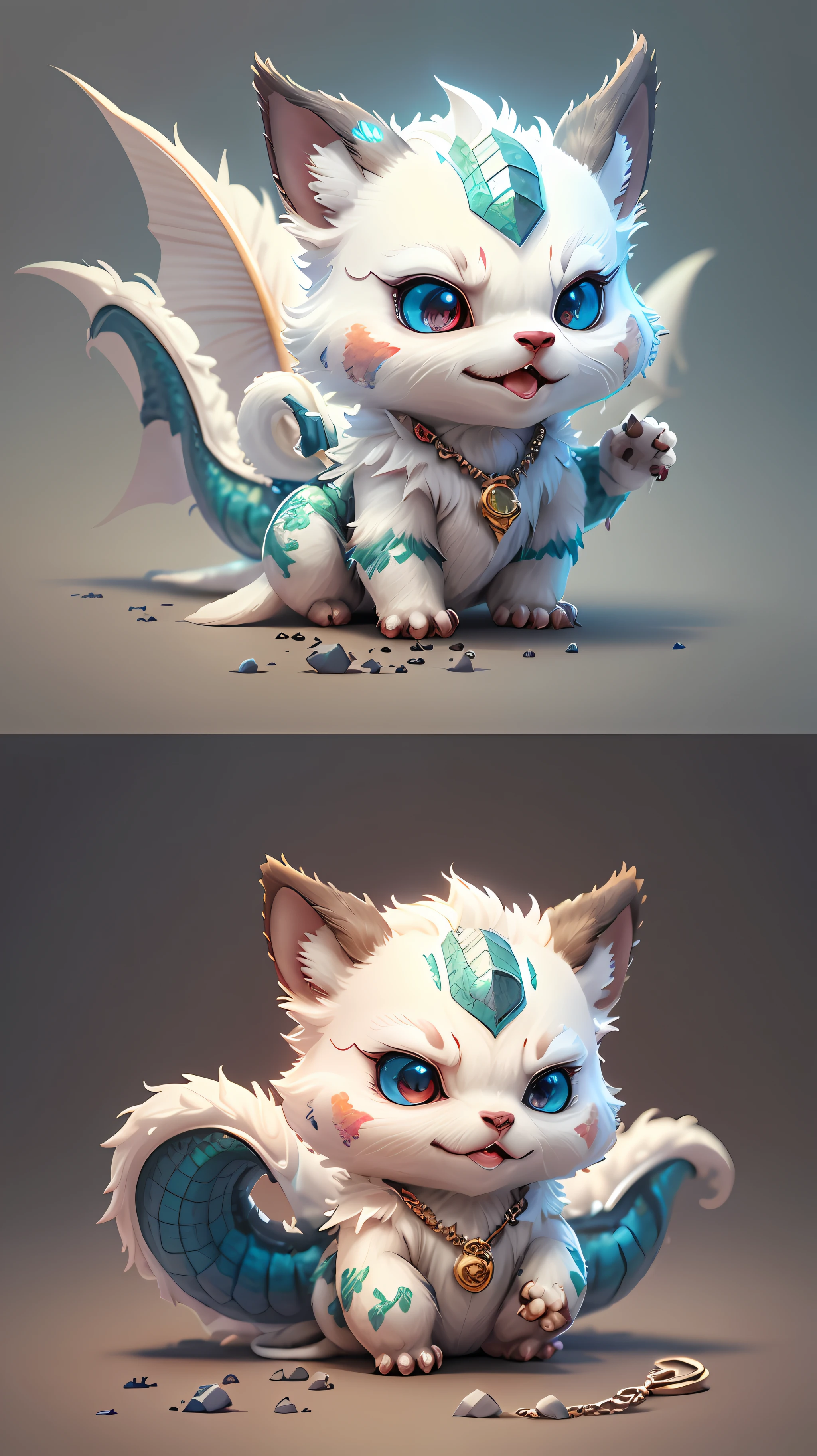 Cute hyper-realistic little white dragon, eyes of different colors, wearing a necklace, exaggerated expressions, humanized movements, chibi, cute and fluffy, logo design, cartoon, movie lighting effects, charming, 3D vector art, cute quirky, fantasy art, background blurring, hand drawing, digital painting, soft lighting, isometric style, 4K resolution, realistic rendering, highly detailed and clean, vector images, realistic masterpieces, professional photography, simple space background, flat white background, isometric, vibrant vector