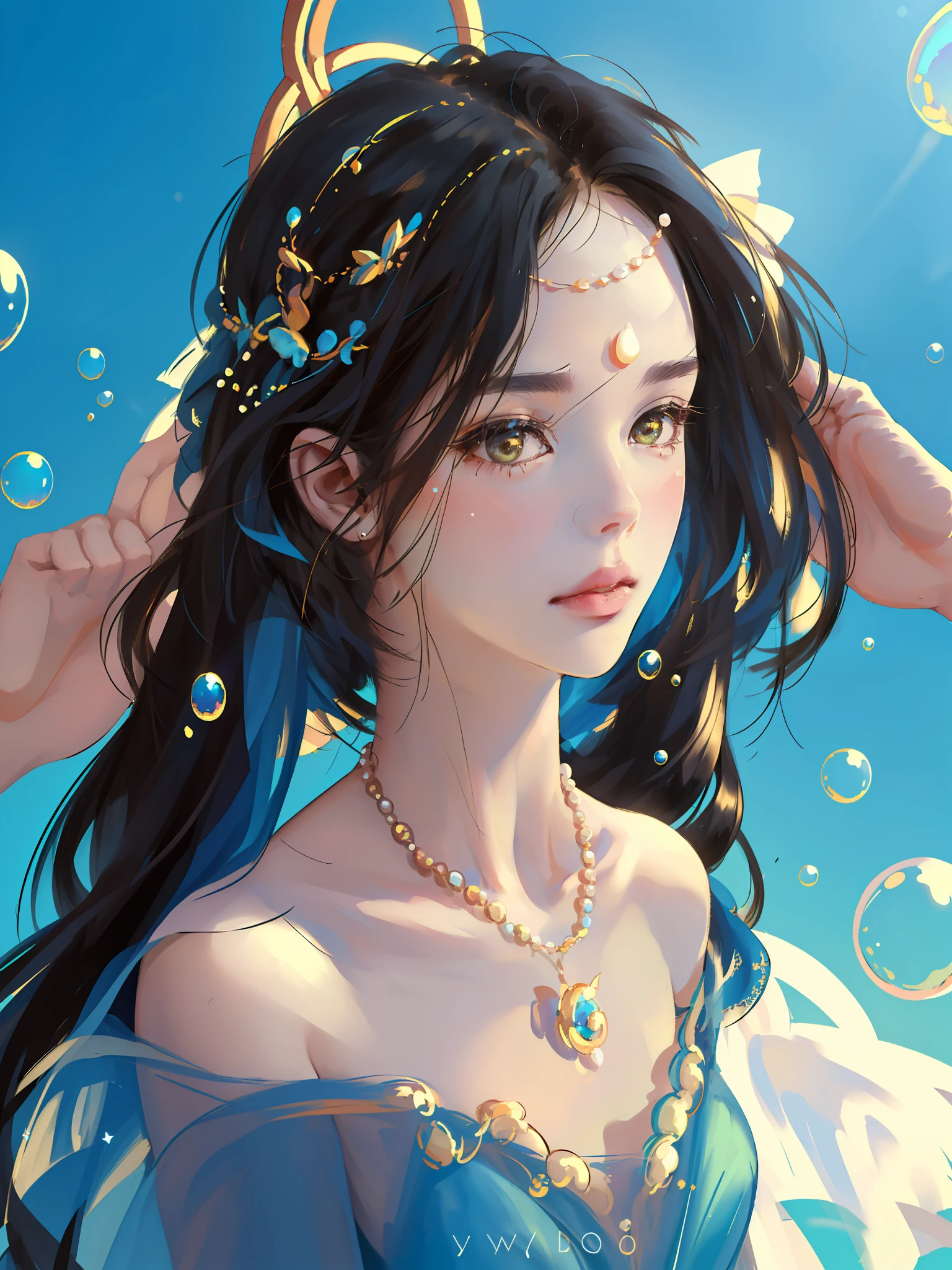 (((Masterpiece)), high quality, super detailed, black hair + blue clothing: 1.2, sweet and delicate girl, delicate facial features, perfect figure, face with pearl decoration, surrounding bubbles, bright bright colors, pearl white background, romantic long hair, natural light, warm and sweet, brown eyes, gorgeous hair decoration.