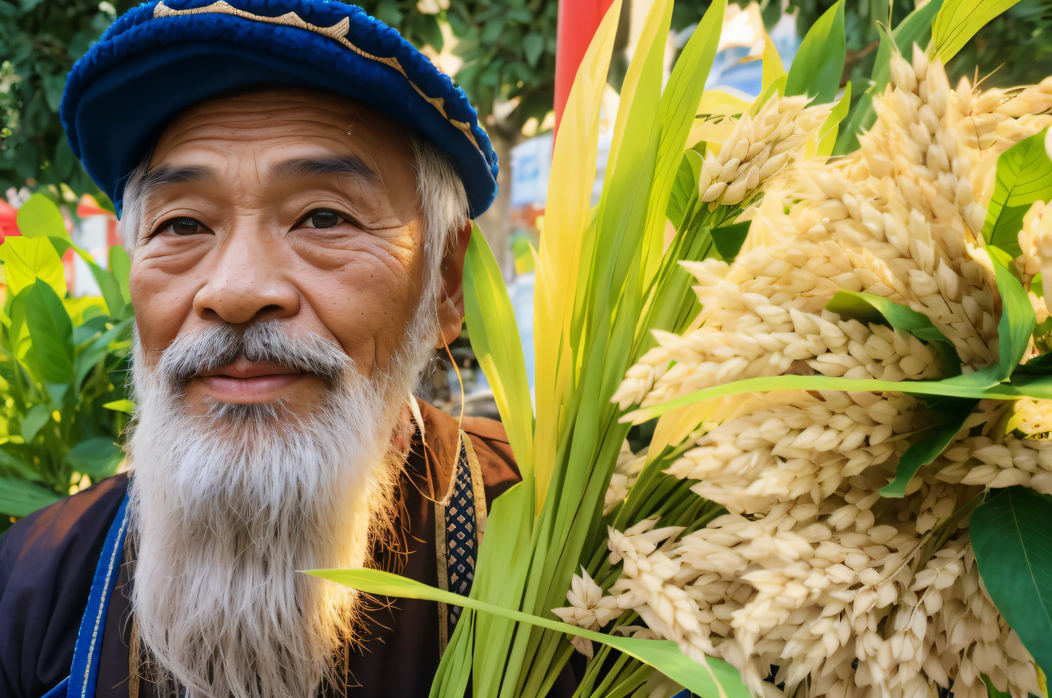 There is a man with a beard and a blue hat holding a pile of wheat, Asian man, farmer, highlight, Vietnamese, inspired by Nam Gyu, portrait shoot, Chinese Traditional, stunning image, inspired by Kyoshiro Anike, Chinese heritage, Asian humanity, inspired by Kishiganku, wonderful, Asian male, high quality, film grain, heavy