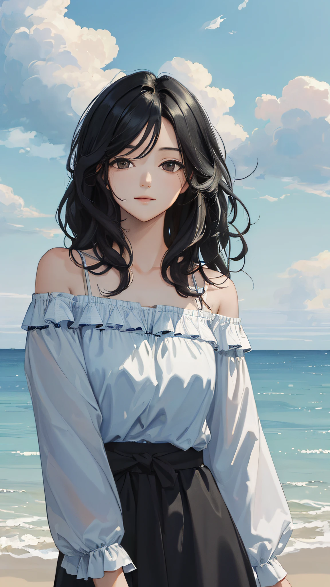 (masterpiece, best quality:1.4), looking at viewer, (on_front:1.2), bright sky,
(wavy hair:0.8), black hair, cloudy sky, sunlight, upper_body, off shoulder, summer, day,