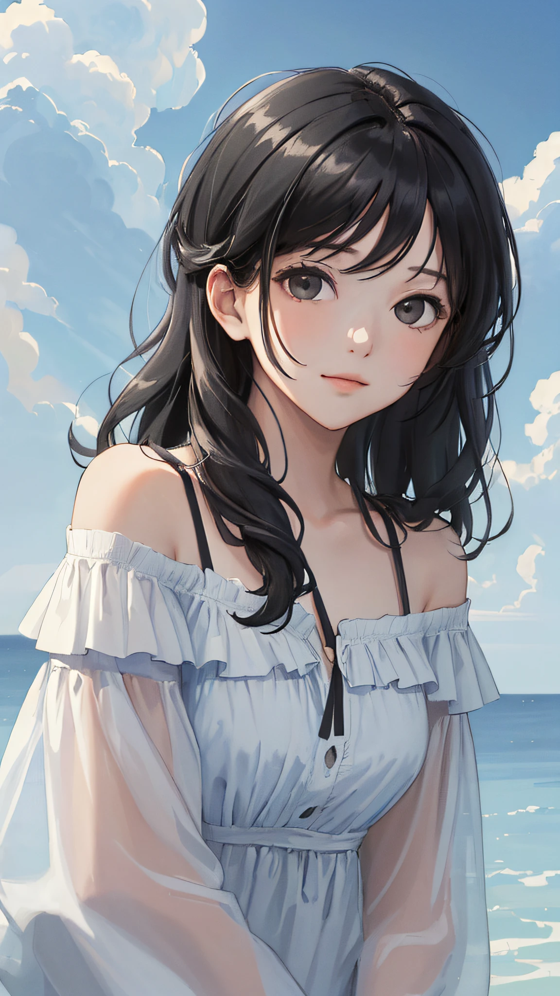 (masterpiece, best quality:1.4), looking at viewer, (on_front:1.2), bright sky,
(wavy hair:0.8), black hair, cloudy sky, sunlight, upper_body, off shoulder, summer, day,