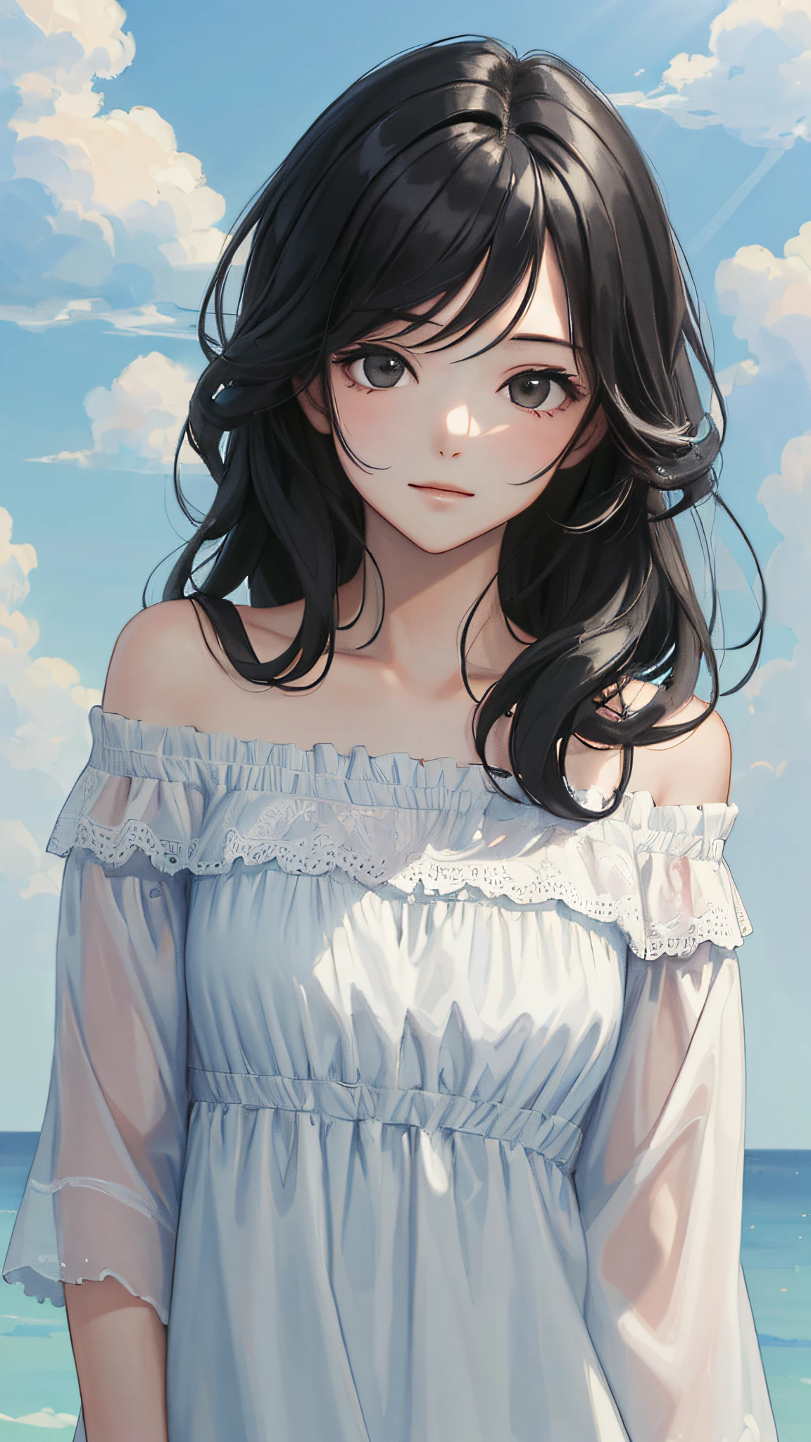 (masterpiece, best quality:1.4), looking at viewer, (on_front:1.2), bright sky,
(wavy hair:0.8), black hair, cloudy sky, sunlight, upper_body, off shoulder, summer, day,