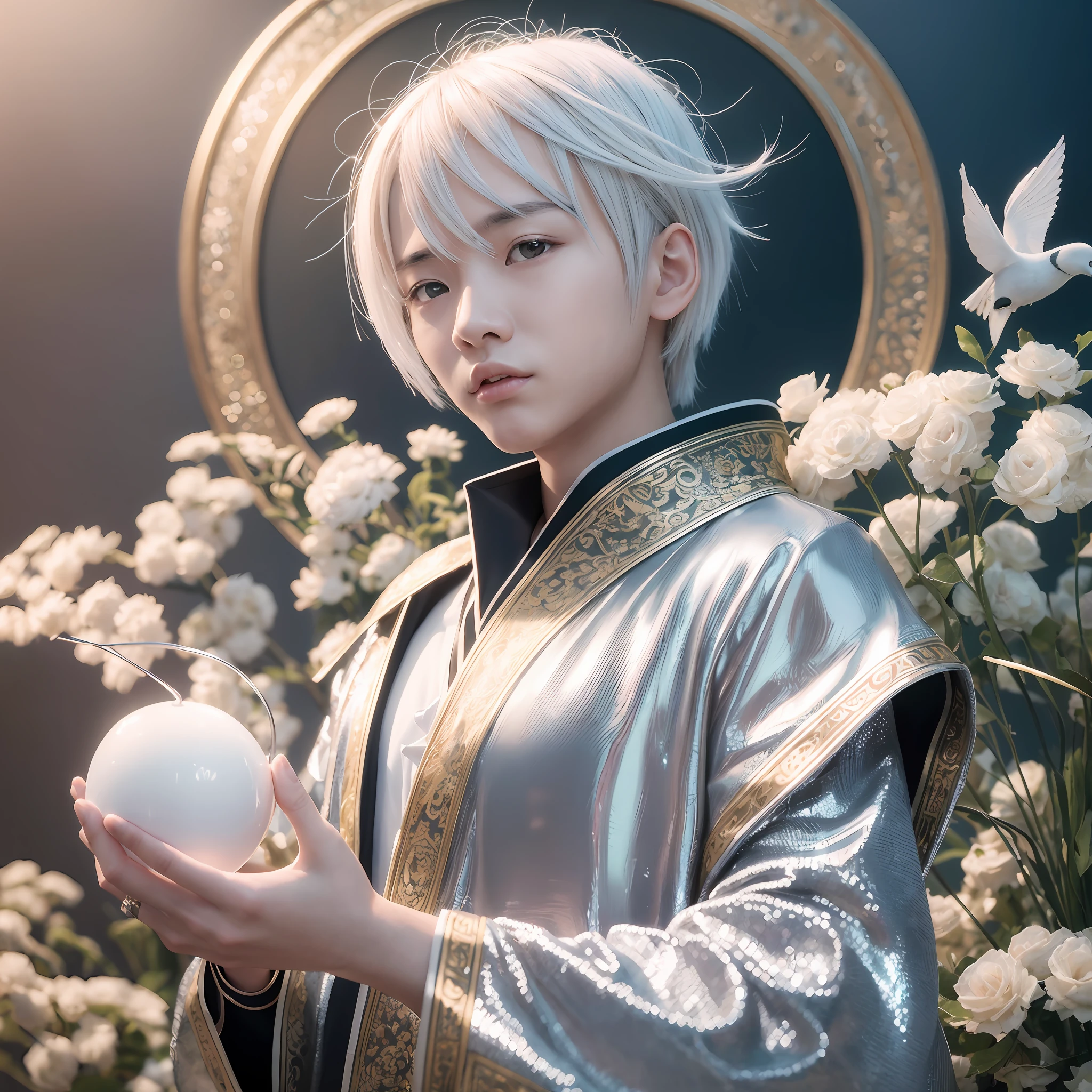 Short hair Chinese boy, 16 years old, cool style, dressed in Hanfu, silver hair, metal decoration, white clothing, three-dimensional facial features, a divine bird next to him, halo, amazing, gorgeous. 3D, Vray rendering, surrealism, bokeh, low angle shooting, front view, platinum color scheme, cinematic style, cinematic, realism, surreal, fantasy, mythology, product rendering, clean background, ltra detailed, in the style of realistic depiction of light, high detail on light and shadows throughout, intricate details, surreal, hypermaximalist, white studio background, luminous, iridescent, shimmering, Canon EOS - ID mark III --ar 4:5 --upbeta --style raw, hasselblad, ray tracing, Social realism, Surrealism, 8k