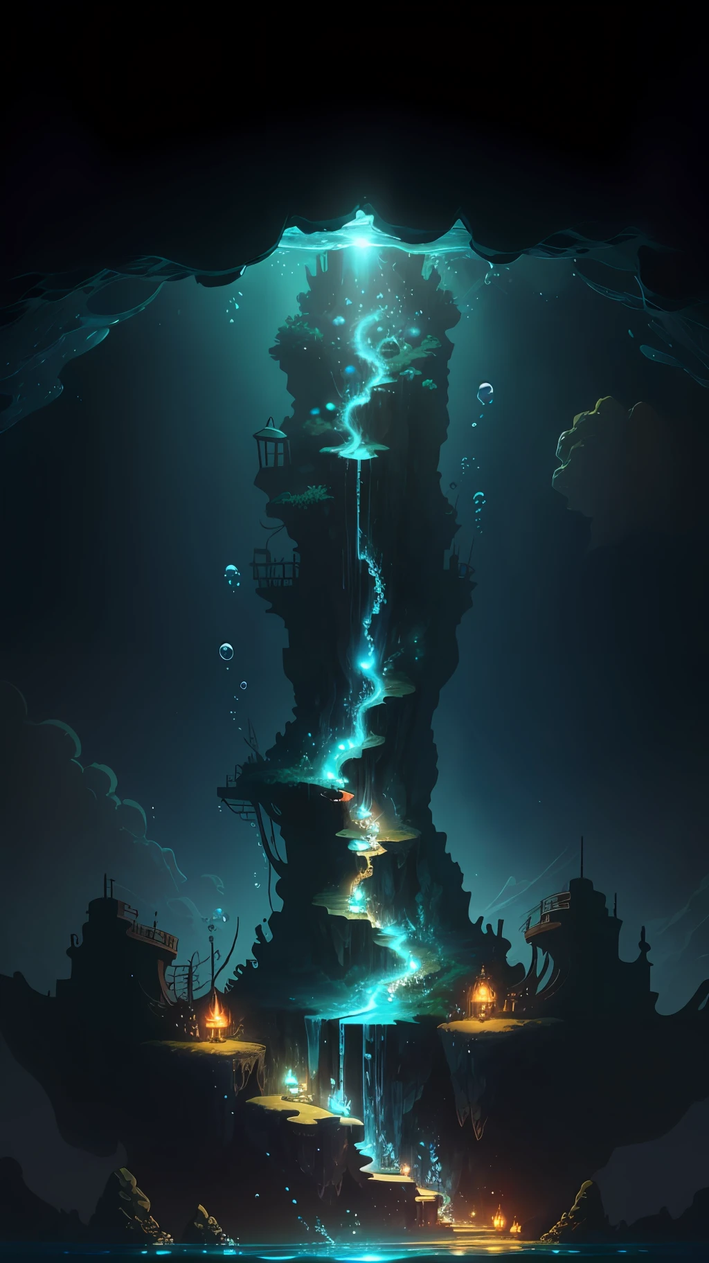 (Undersea cave, sunken ship) (Masterpiece, Top Quality, Best Quality, Anime Illustration, Official Art, Beautiful and Aesthetic, Detailed Drawings,:1.5), (Decaying Wreck: 1.3), (Deep Sea Floor: 1.3), fractal Pattern, (Dark Seabed, Horror Taste:1.2), Tattered Sunken Ship, Undersea Cave, Darkness, Undersea, Deep Sea Fish, Coral, Bubbles, Liquid, Light Points to the Seabed, Treasure Chest