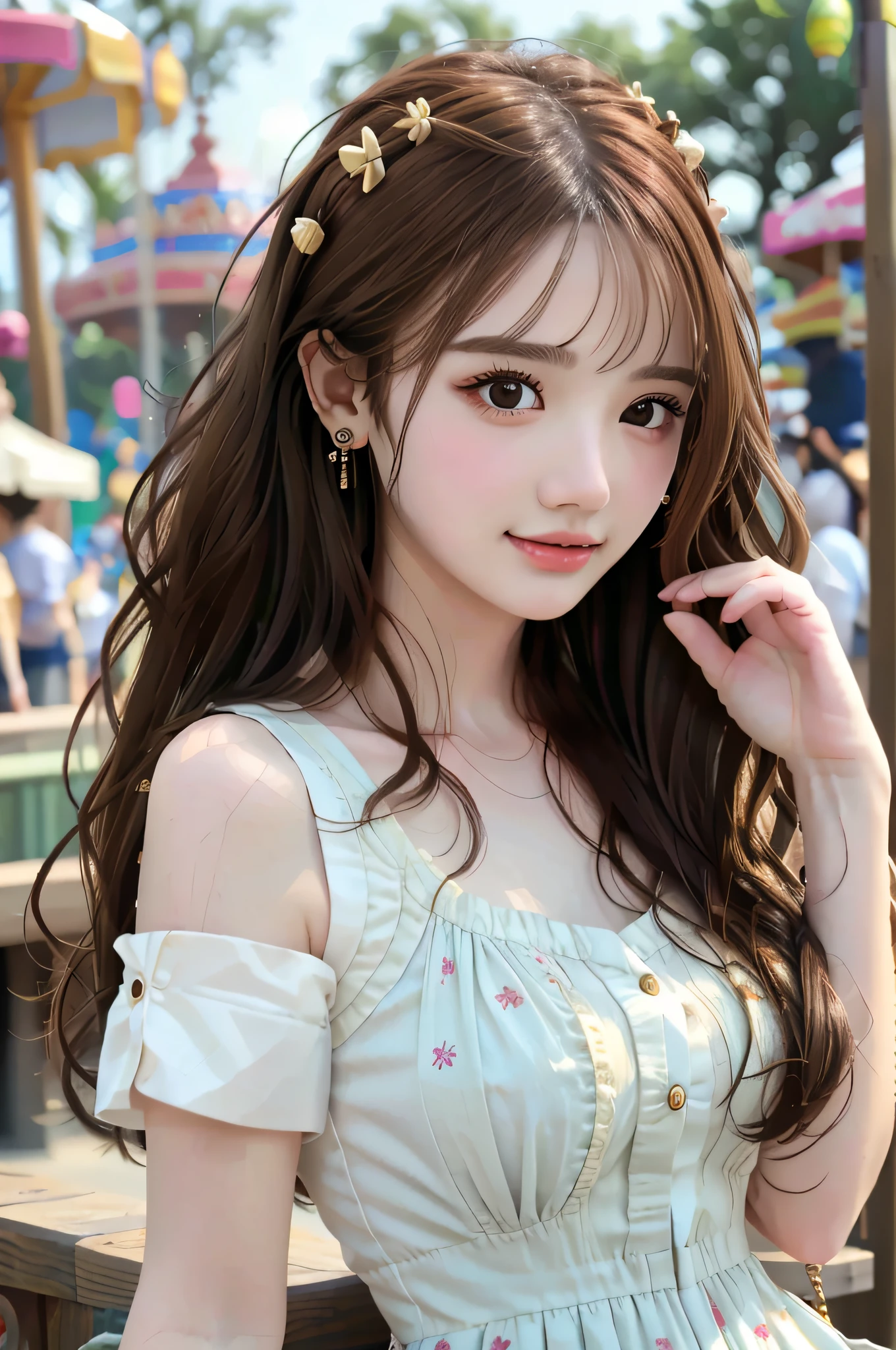 Best quality, masterpiece, super high resolution, (realistic: 1.4), original photo, 1 girl, hairpins, earrings, jewelry, brown hair, looking at the audience, lips, playful, wearing dress, amusement park