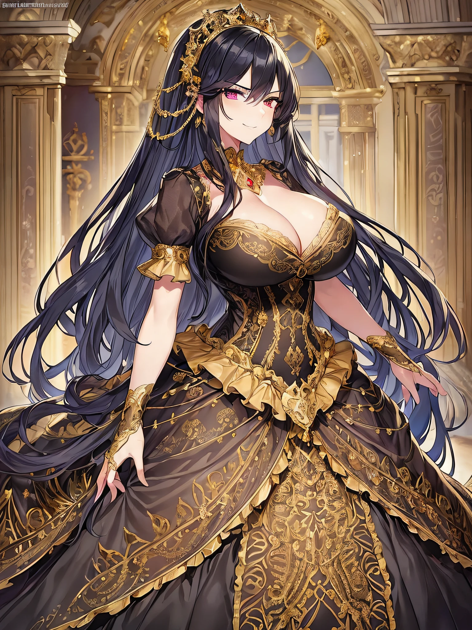 ((anime moe artstyle)),((Masterpiece)), (Best Quality), (Super Detail), Illustration, (((Very Delicate and Beautiful))),Dynamic Angle,Looking at viewer,((((Solo)))),(((Full body))),(((1 arrogant empress wearing gorgeous black ballgown with gigantic breasts))),(standing),dominant pose,(arrogant),(((haughty smile))),Purple eyes,(Sharp eyes),Detailed Face, Long Eyelashes,Jet Black Hair,Straight Hair,((Very Long Hair)),((Bangs between eyes)),((((gigantic breasts,Huge breasts,Bulging breasts,Long breasts)))),cleavage,((skindentation)),curvy,See-through,(((luxurious lace and ruffled black and gold rococo ballgown adorned with abundant jewels and gorgeous embroidery))),(((voluminous black and gold rococo dress with a flared hemline))),(fluffy rococo ball gown with gorgeous embroidery and lace),((gold trim)),(((hoop skirt))),long skirt,corset,crinoline,opera gloves,Beautifully Gorgeous jeweled big tiara,Beautifully Gorgeous gem earrings,Beautifully Gorgeous jeweled necklace,Beautifully Gorgeous jeweled ornaments,indoor,light particles,royal palace,