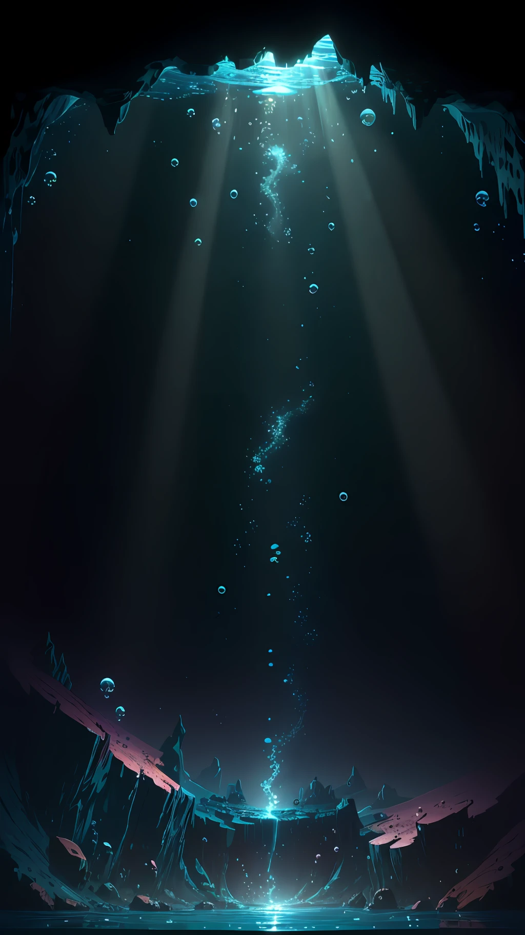 (Undersea cave, sunken ship) (Masterpiece, Top Quality, Best Quality, Anime Illustration, Official Art, Beautiful and Aesthetic, Detailed Drawings,:1.5), (Decaying Wreck: 1.3), (Deep Sea Floor: 1.3), fractal Pattern, (Dark Seabed, Horror Taste:1.2), Tattered Sunken Ship, Undersea Cave, Darkness, Undersea, Deep Sea Fish, Coral, Bubbles, Liquid, Light Points to the Seabed, Treasure Chest