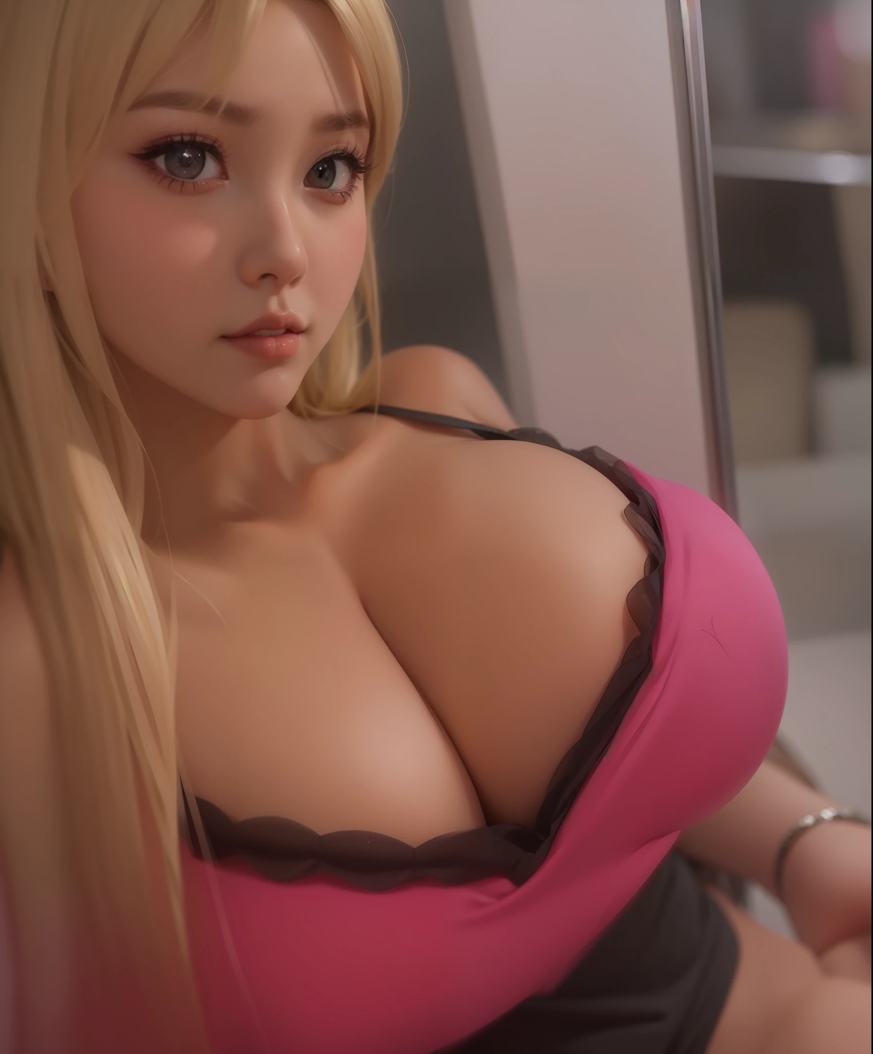 beautiful female k-pop idol, gigantic breasts, huge cleavage, her face is visible, close-up portrait, shot on sony a1, 85mm F/1. 4 ISO 100, medium format, 45 megapixel, studio lighting, softbox, high shutter speed flash photography, award-winning photograph with golden ratio composition, look at viewer