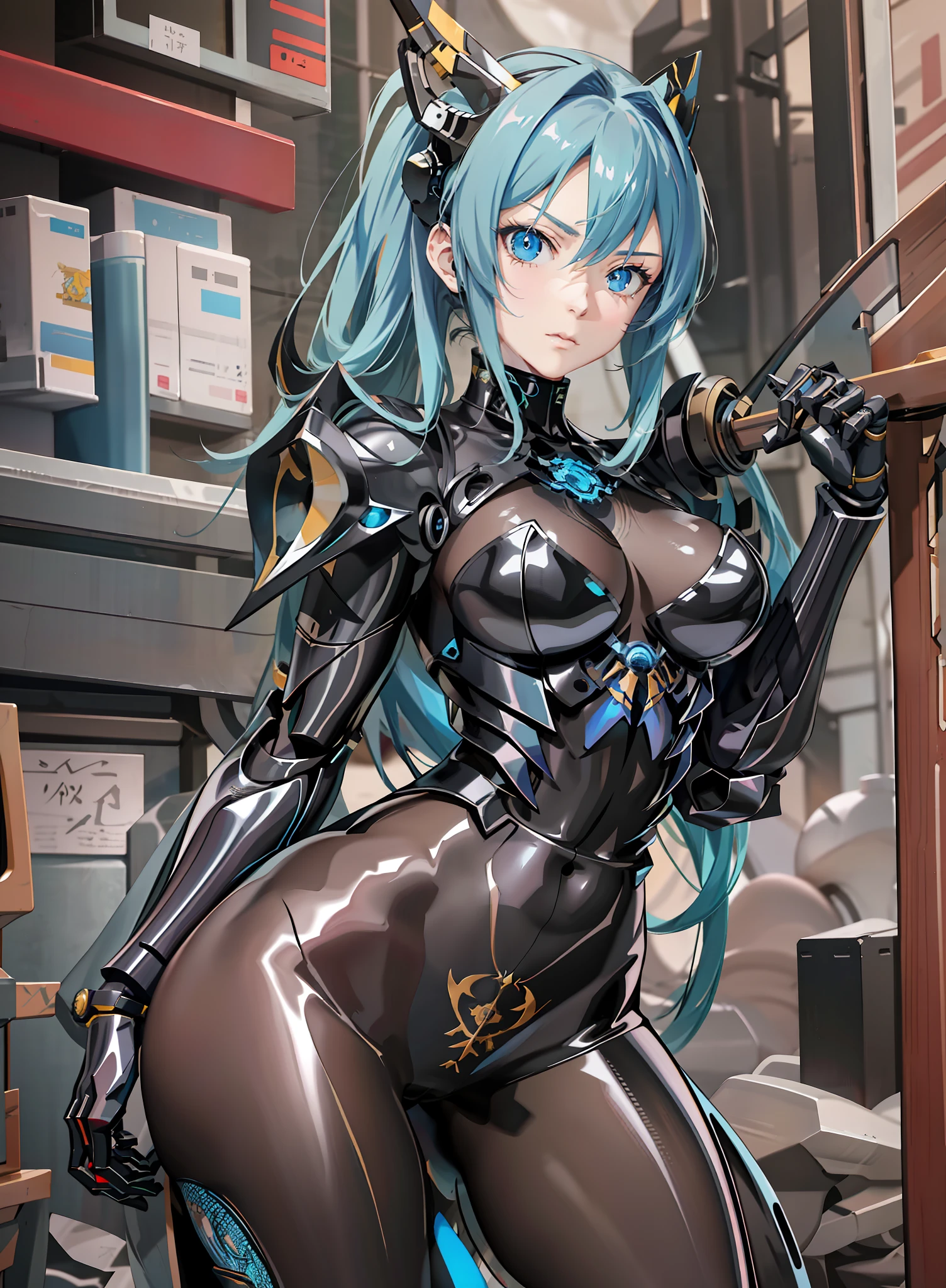 anime - style woman in a black and blue outfit holding a sword, biomechanical oppai, armor girl, girl in mecha cyber armor, perfect anime cyborg woman, inspired by Masamune Shirow, mechanized valkyrie girl, cyber suit, perfect android girl, oppai cyberpunk, cyberpunk anime girl mech, highly detailed exquisite fanart