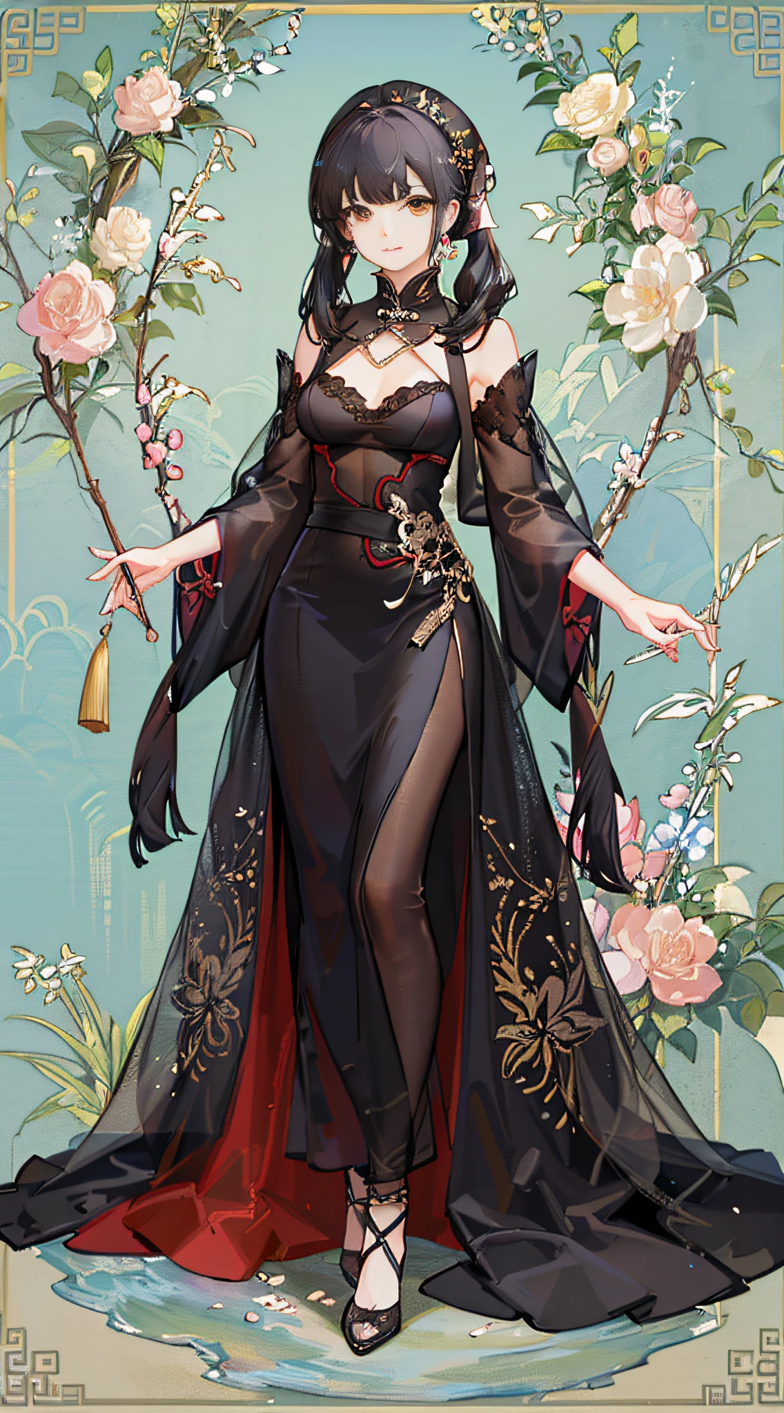 girl,full body,(detailed face:1.2), masterpiece, fashion,chinese dress,, medium hair, black hair, twintails, blunt bangs, brown eyes,