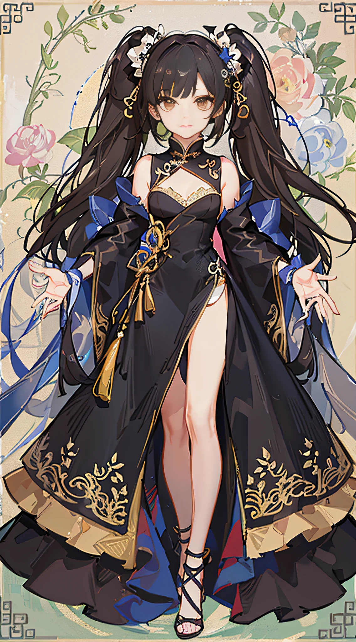 girl,full body,(detailed face:1.2), masterpiece, fashion,chinese dress,, medium hair, black hair, twintails, blunt bangs, brown eyes,