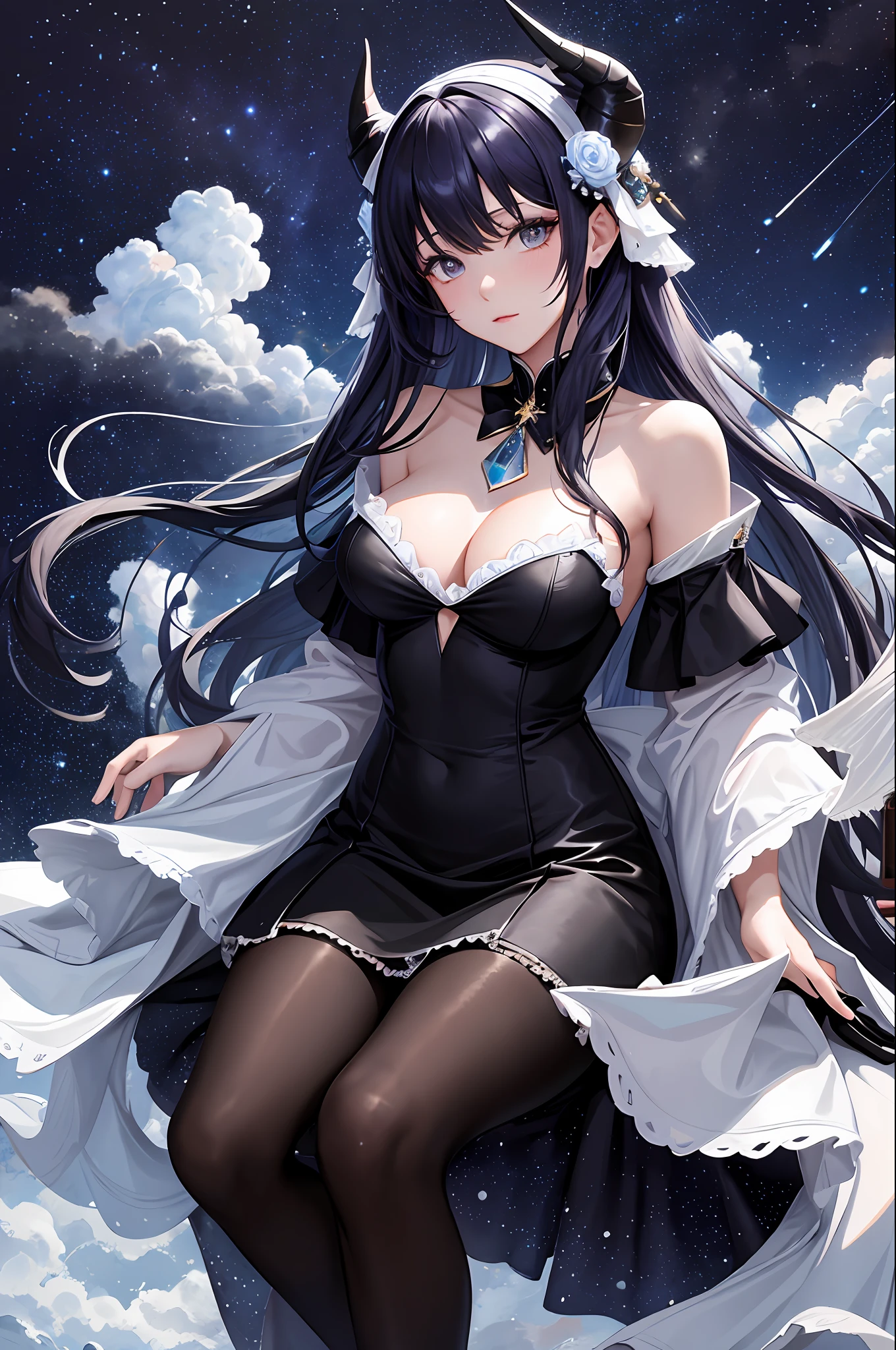 (Masterpiece, Top Quality, Best Quality, Watercolor (Medium), Official Art, Beauty and Aesthetics: 1.2), Bangs, Bare Shoulders, Bells, Black Glove, Black Pantyhose, Blue Hair, Blush, Beautiful Breasts, Chinese Knot, Off Sleeves, Flower Knots, Gloves, Horns, Long Hair, Lookout, Mid-Chest, Neckbell, Pantyhose, Purple Eyes, Locked, Solo, Tassels, White Sleeves, (ulzzang-6500:0.5) , Complex, High Detail, Water, Liquid, Clouds, Starry Dots, Stars, Star Diamond Milky Way, Floral ta shoes, bow shoe clips;