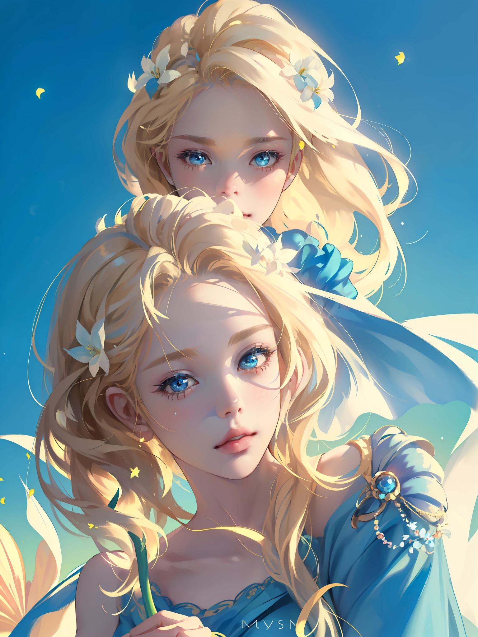 (((Masterpiece)), high quality, super detailed, blonde hair + blue clothing: 1.2, sweet and delicate girl, delicate facial features, perfect figure, bubbles around, bright bright colors, pearl white background, romantic long hair, shell decoration, natural light, warm and sweet, blue eyes, flower hair decoration.