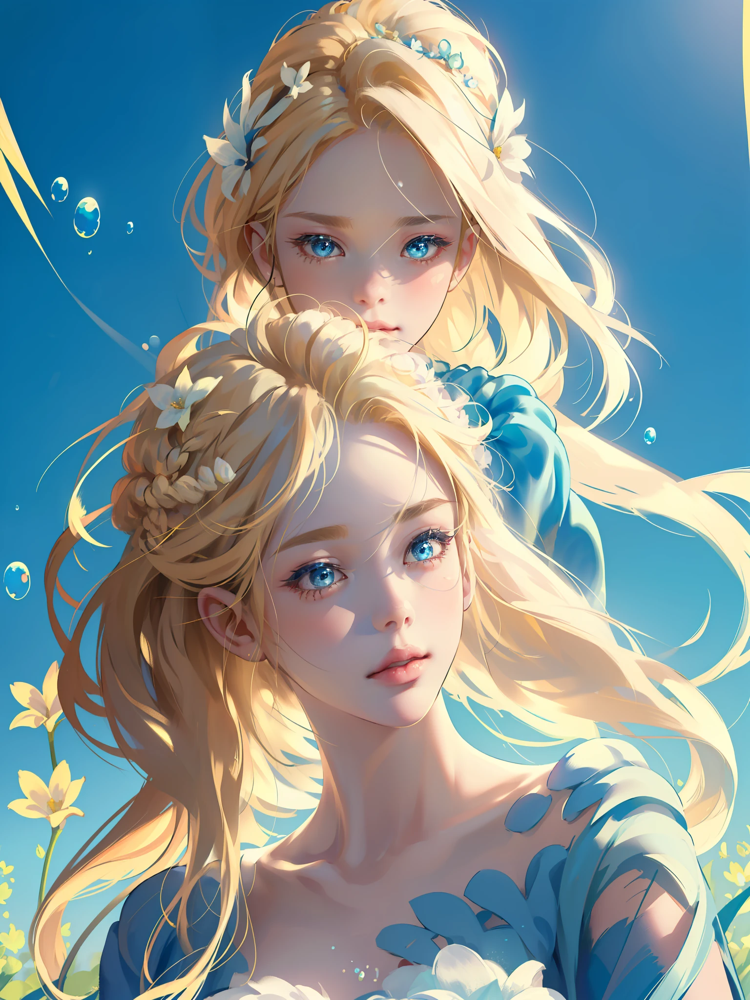 (((Masterpiece)), high quality, super detailed, blonde hair + blue clothing: 1.2, sweet and delicate girl, delicate facial features, perfect figure, bubbles around, bright bright colors, pearl white background, romantic long hair, shell decoration, natural light, warm and sweet, blue eyes, flower hair decoration.