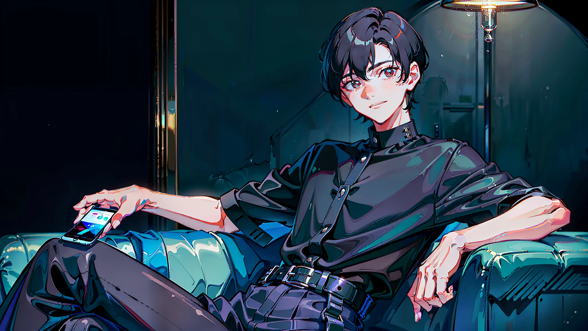 (A young eighteen-year-old man with short black hair in a black coarse cloth blouse sitting on a sofa in his bedroom: 1.5)
(Holding an iPhone in hand: 1.8)
(Boy, single: 1.7)
(Close-up of face: 1.9)
(Smug smile on your face: 1.8)
(Masterpieces, masterpieces: 1.5)