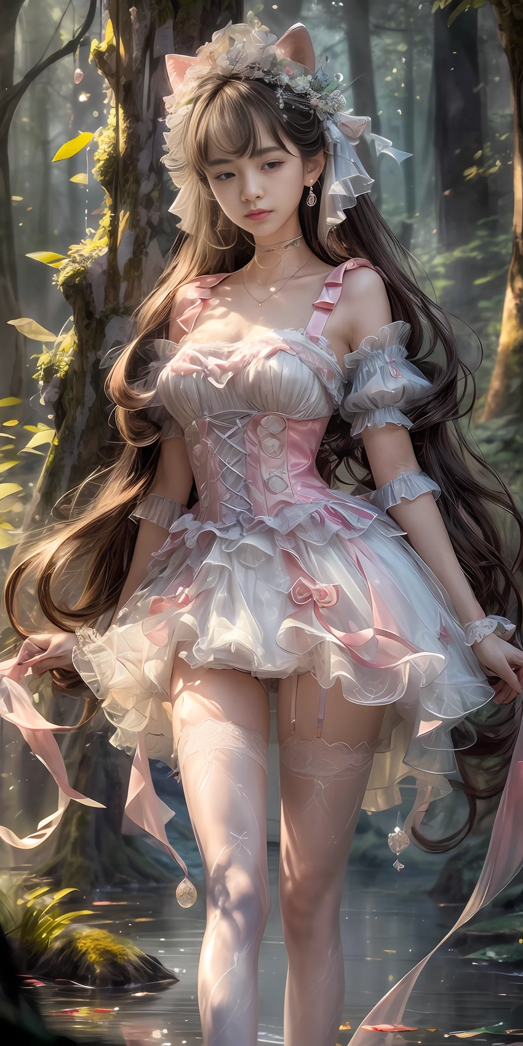 (best quality, masterpiece, high resolution, glow, flood, lens glare, wide angle), sunlight, full body, 1 [Chinese|Russian|Japanese|Korean] girl, solo,((mei red:1.1) clothes), necklace, jewelry, long hair, earrings, super delicate face, beautiful face, perfect hands,full face blush, (perfect eyes) and ( long eyelashes: 1.4), glowing pupils, (white stockings: 0.9), realism, (high detail skin: 1.2), 8k ultra hd, DSLR, high quality, volumetric lighting, frank, high resolution, 4K, 8K, background bokeh, dream forest, radiant garlic, feather drop effect, morning, foreground, f/16