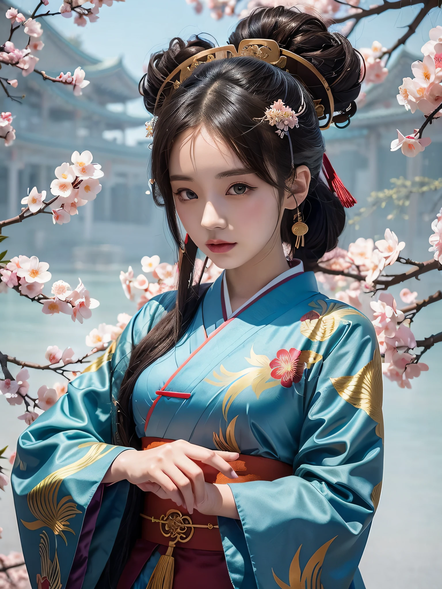 anime girl in blue kimono with oriental hair and a fan, palace , a girl in hanfu, a beautiful artwork illustration, trending on artstration, artwork in the style of guweiz, japanese art style, ancient china art style, guweiz, trending on cgstation, hanfu, chinese style, digital anime illustration, eastern art style, beautiful character painting