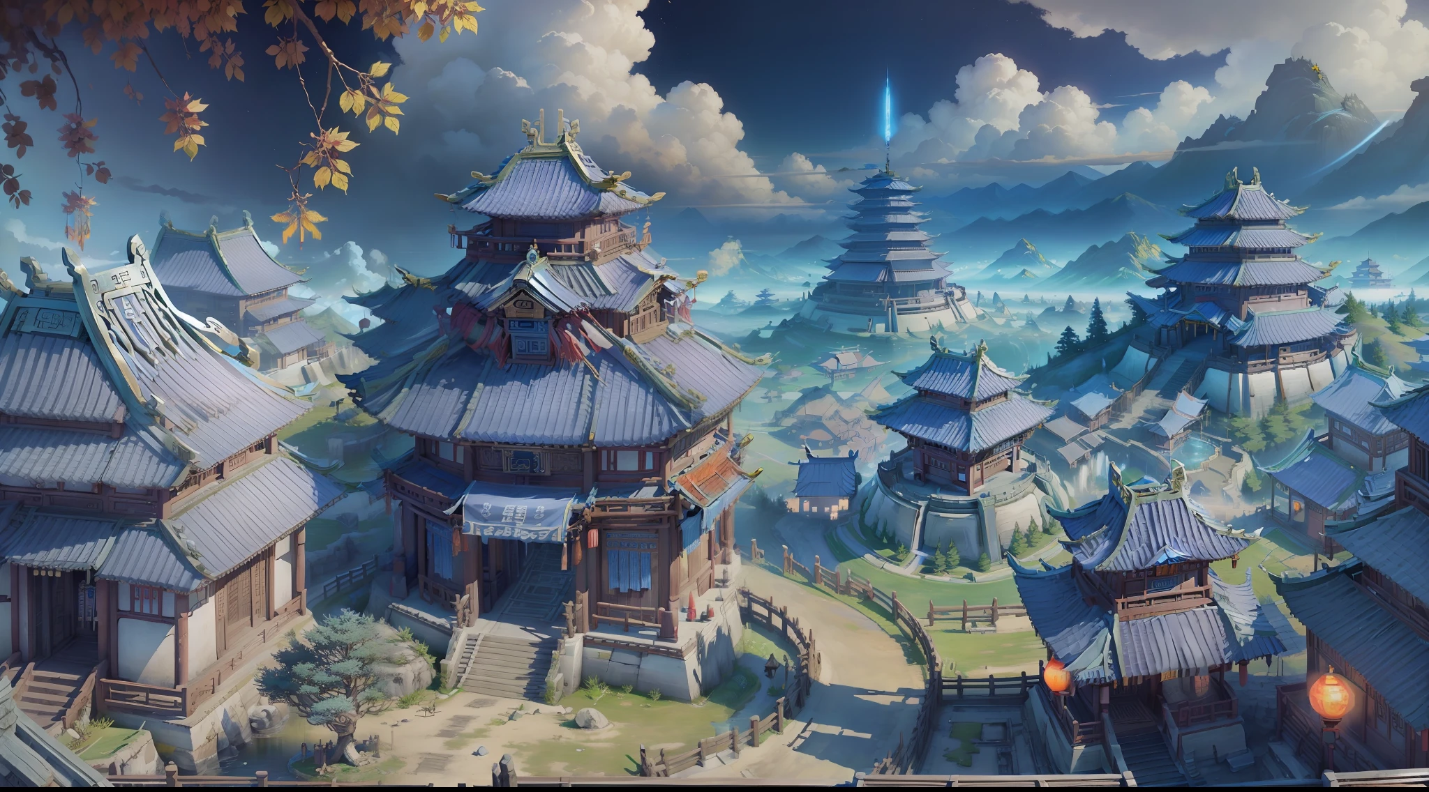 Immortal world, sky realm, blue and white tones, science fiction style, ancient Chinese architecture, macroscopic, shocking, bright colors, villages