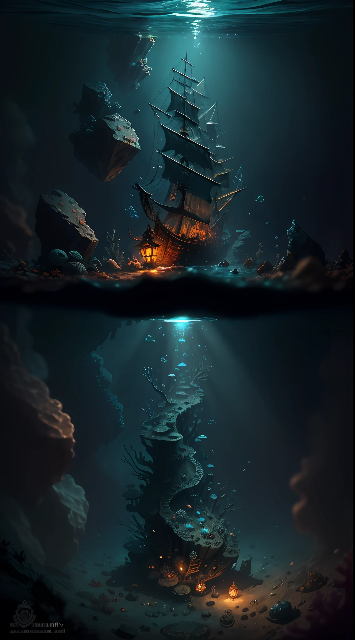 (Sunken ship: 1.5) (masterpiece, top quality, best quality, official art, beautiful and aesthetic, detailed drawing,: 1.5), (rotten ship: 1.3), (deep seabed: 1.3), fractal pattern , (Dark seabed, horror taste: 1.2), Tattered shipwreck, Undersea cave, Darkness, Seabed, Deep-sea fish, Coral, Bubbles, Liquid, Light points to the seabed, Treasure chest