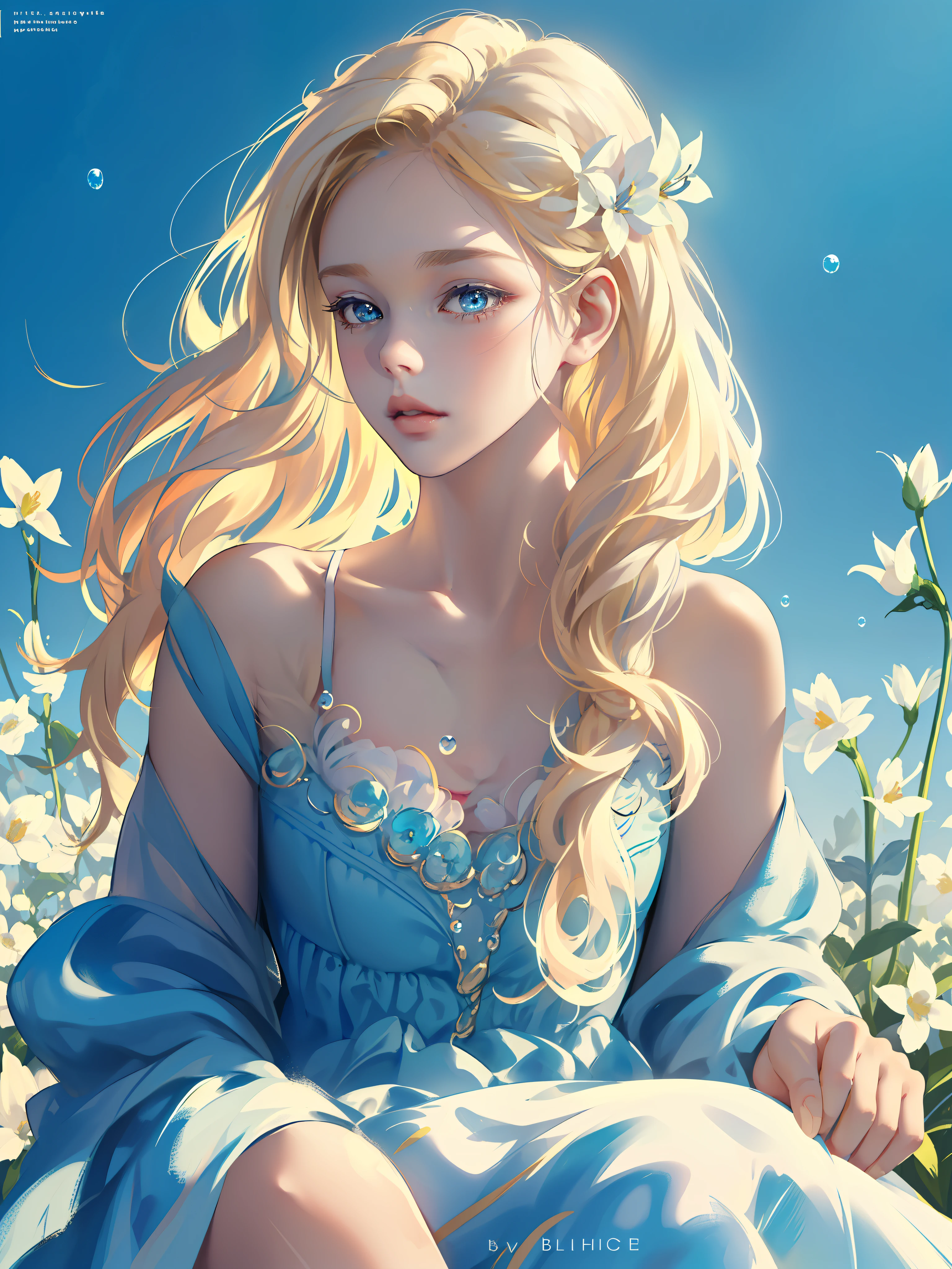 (((Masterpiece)), high quality, super detailed, blonde hair + blue clothing: 1.2, sweet and delicate girl, delicate facial features, perfect figure, bubbles around, bright bright colors, pearl white background, romantic long hair, natural light, warm and sweet, blue eyes, flower hair decoration.