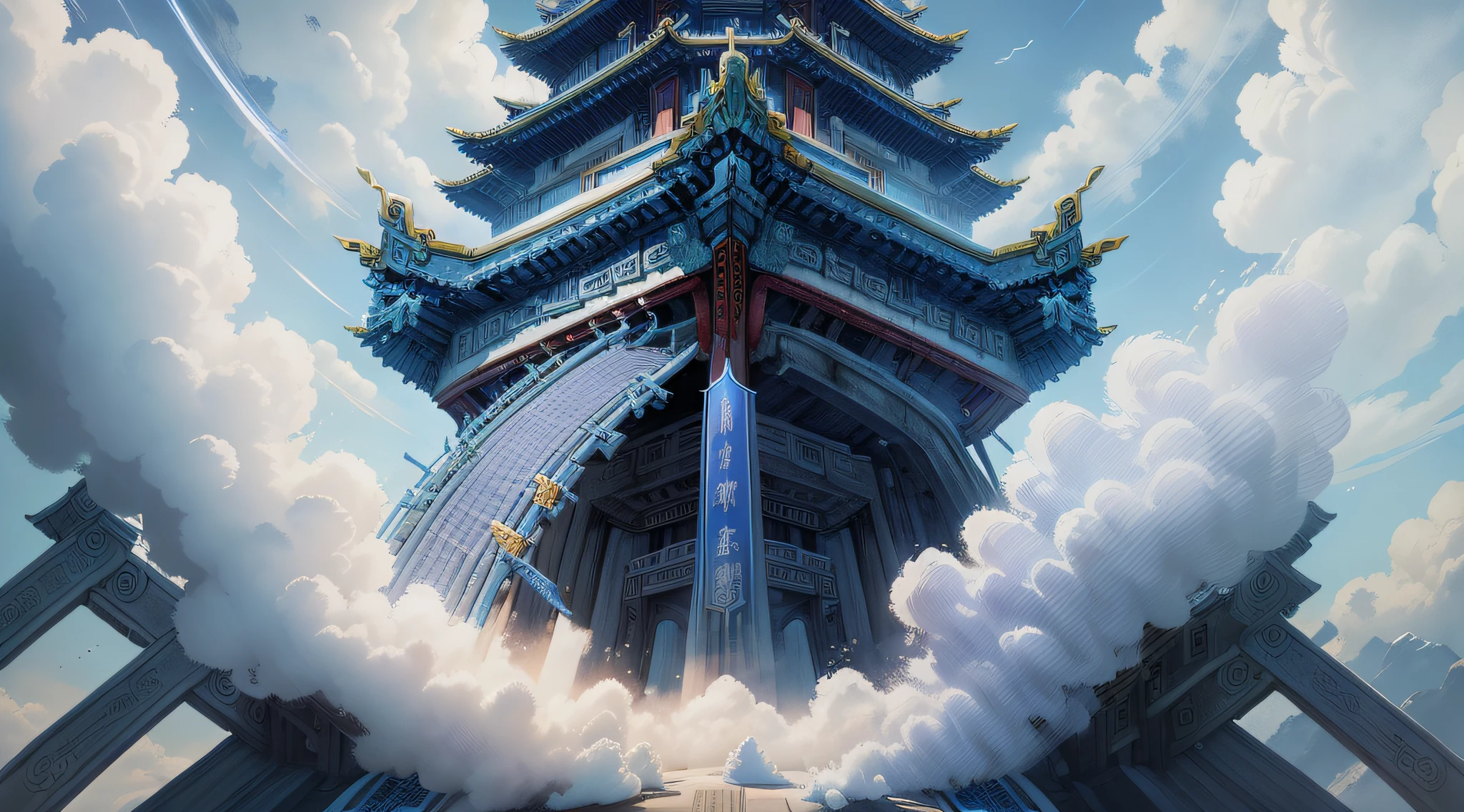 Immortal world, sky realm, looking up, blue and white tones, science fiction style, ancient Chinese architecture, macroscopic, shocking