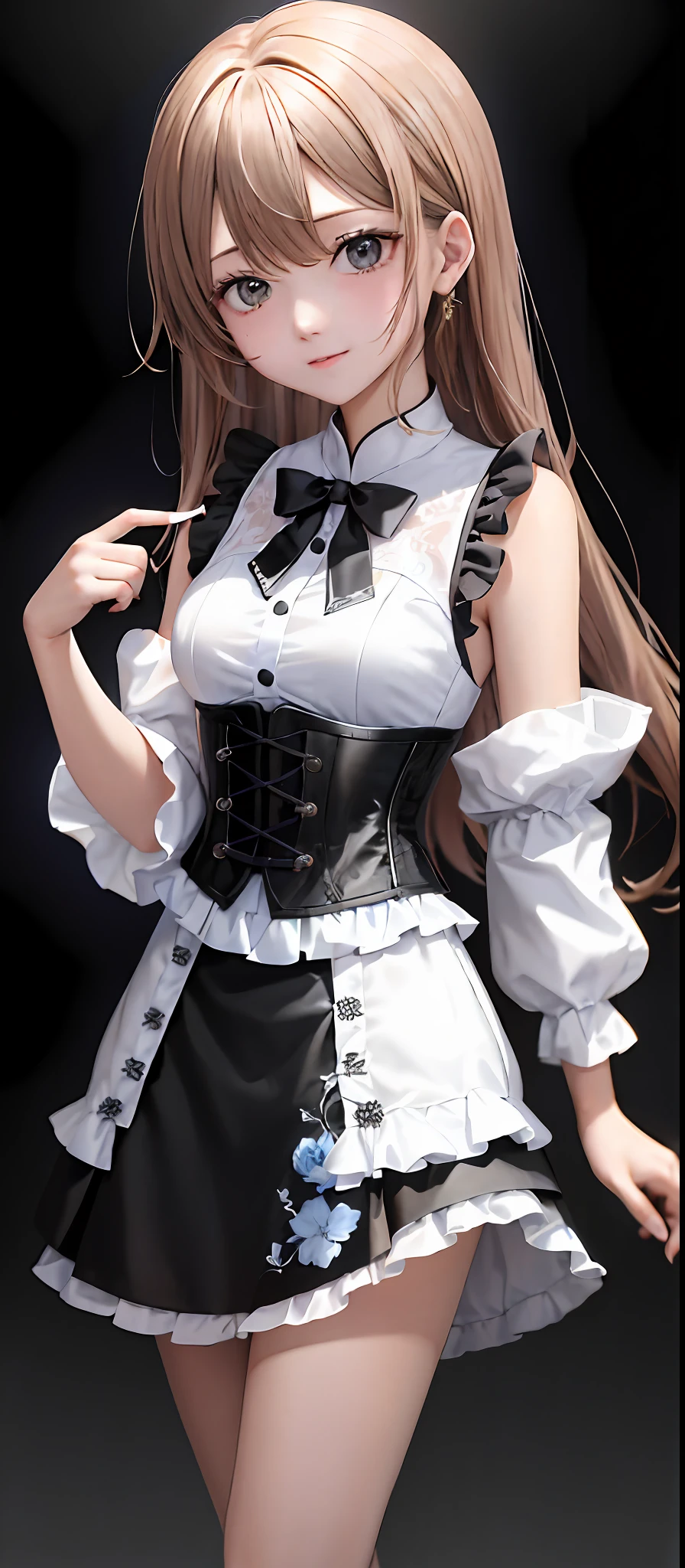 [1girl|solo], (masterpiece:1.1), (best quality:1.1), (精致细节Rocker [[White Ombr shirt:Black Appliqud with patches and motifs morning dress:0.85]:[Black Collared revealing clothes: Earth tones hip开衩小黑裙：0.15]：0.7]：1.25），（粗花呢 [[珊瑚色羊毛 A 字裙：绿松石色无袖芭蕾舞短裙：0.05]：[绿色透明丁字裤：橙色亚麻罩衫：0.1]：0.1]：1.15）， , [(NSFW:1.0):(NSFW:0.95):0.15],[medium:[large|medium]:0.35] breasts, corset, BREAK [black:pink:0.65] theme, (gradient background:1.1), 肖像, BREAK [blond:sky blue:0.05] 头发，钝刘海，hime cut，长发，侧马尾辫，[blue:purple:0.85] 眼睛，精致的黑色女巫帽，拿着魔杖，