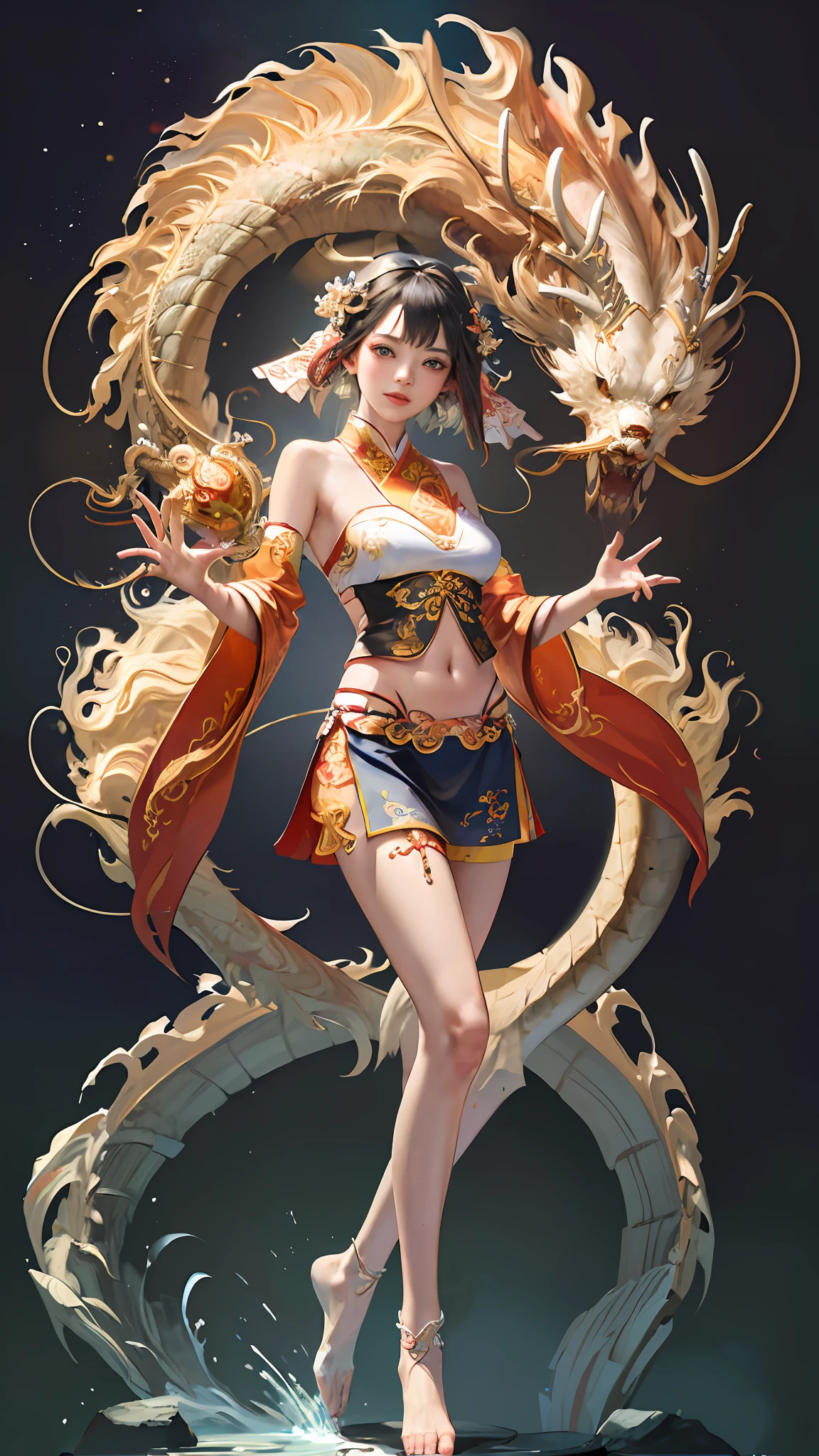 Official Art, Unified 8K Wallpapers, Ultra Detailed, Beautiful and Aesthetic, Masterpiece, Best Quality, (Zentangle, Tangle, Entangle), (fractal art: 1.4), 1girl, black hair, Chinese, bare shoulders, short skirt, calf, navel, very detailed, dynamic angle, cowboyshot, (most beautiful form chaos), flowing, (bright colors), oc, (half: 1.2), china, (thangka flying sky: 1.5), (ribbon: 1.3), (dream: 1.5), (hanfu: 1.5), Chinese dragon, Chinese phoenix, (smile: 0.5), (Chinese deity),