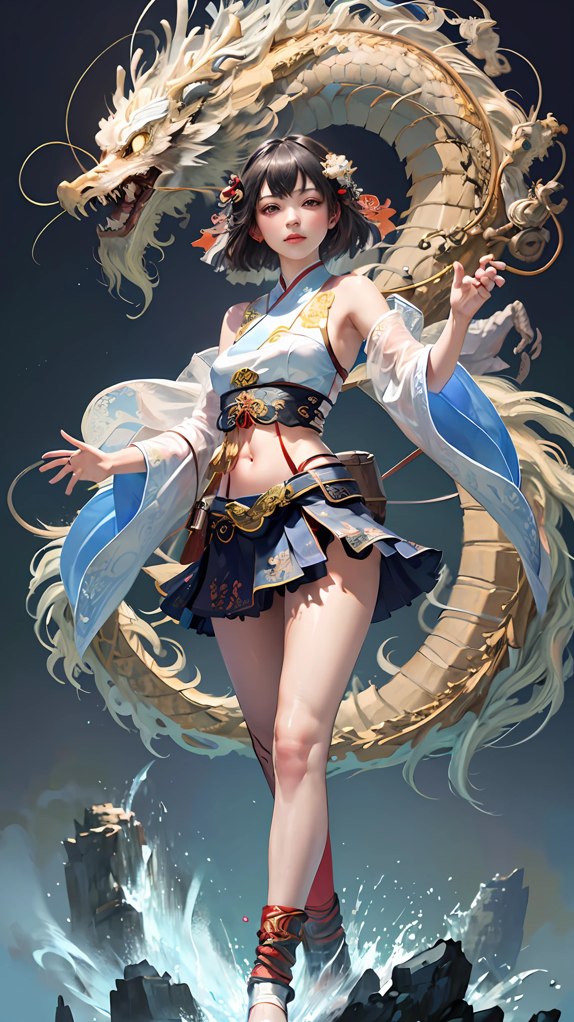 Official Art, Unified 8K Wallpapers, Ultra Detailed, Beautiful and Aesthetic, Masterpiece, Best Quality, (Zentangle, Tangle, Entangle), (fractal art: 1.4), 1girl, black hair, Chinese, bare shoulders, short skirt, calf, navel, very detailed, dynamic angle, cowboyshot, (most beautiful form chaos), flowing, (bright colors), oc, (half: 1.2), china, (thangka flying sky: 1.5), (ribbon: 1.3), (dream: 1.5), (hanfu: 1.5), Chinese dragon, Chinese phoenix, (smile: 0.5), (Chinese deity),