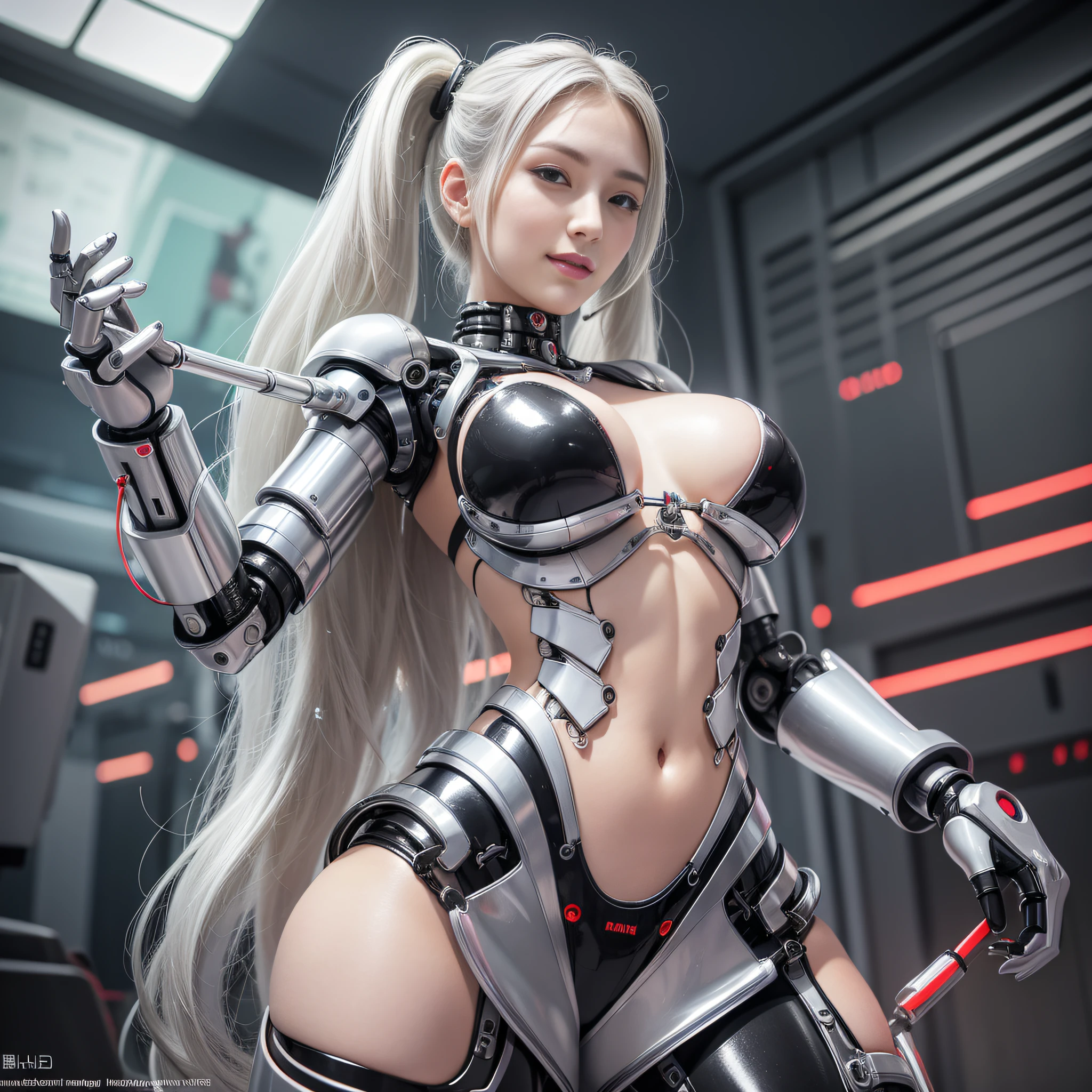 Beautiful Face,face is Japan, 1 Woman, Big, Curvaceous, (16k, RAW photo, top quality, masterpiece: 1.2), (HDR, Realistic, Photorealistic: 1.37) (tube attached to the body), (Bikini Cyborg robot parts)))), (light gray hair), Long hair, Wavy hair, Twin tails, Medium shot, ( Seductive smile)), (black eyes), princess cut,from below,(whole body),posing,,in the lab,( tube connected to blood vessel),((mechanical vertebrae attached to the back)),((mechanical neck attached to the neck)),(wire cable attached to the head and body),(character focus),science fiction,perfect female figure,perfect anatomy,ultraanatomy, Full body shot, up to 4 fingers and 1 thumb relationship,