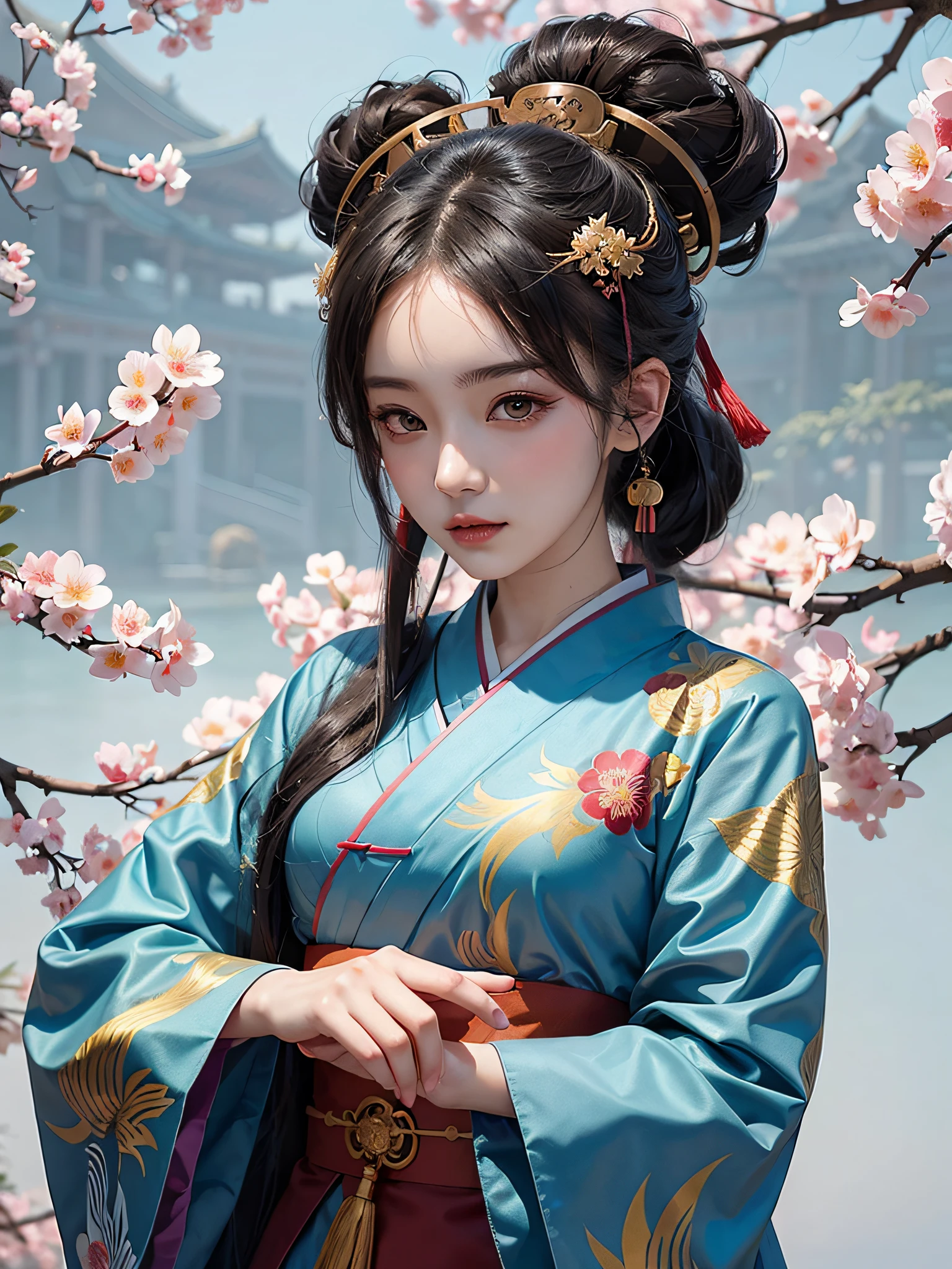 anime girl in blue kimono with oriental hair and a fan, palace , a girl in hanfu, a beautiful artwork illustration, trending on artstration, artwork in the style of guweiz, japanese art style, ancient china art style, guweiz, trending on cgstation, hanfu, chinese style, digital anime illustration, eastern art style, beautiful character painting