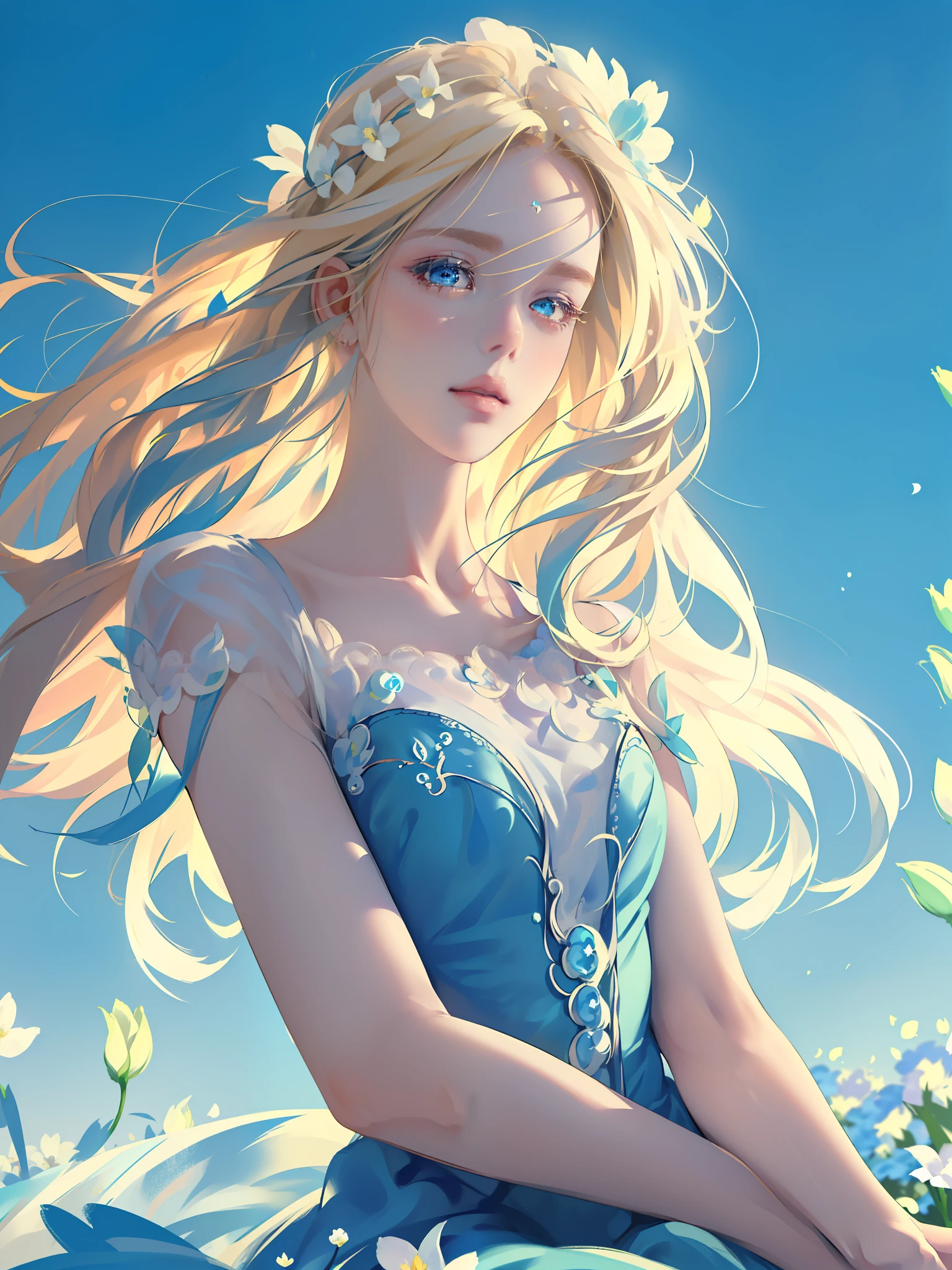 (((Masterpiece)), high quality, super detailed, blonde hair + blue clothing: 1.2, sweet and delicate girl, delicate facial features, perfect figure, bubbles around, flowers, bright bright colors, pearl white background, romantic long hair, natural light, warm and sweet, blue eyes, flower hair decoration.