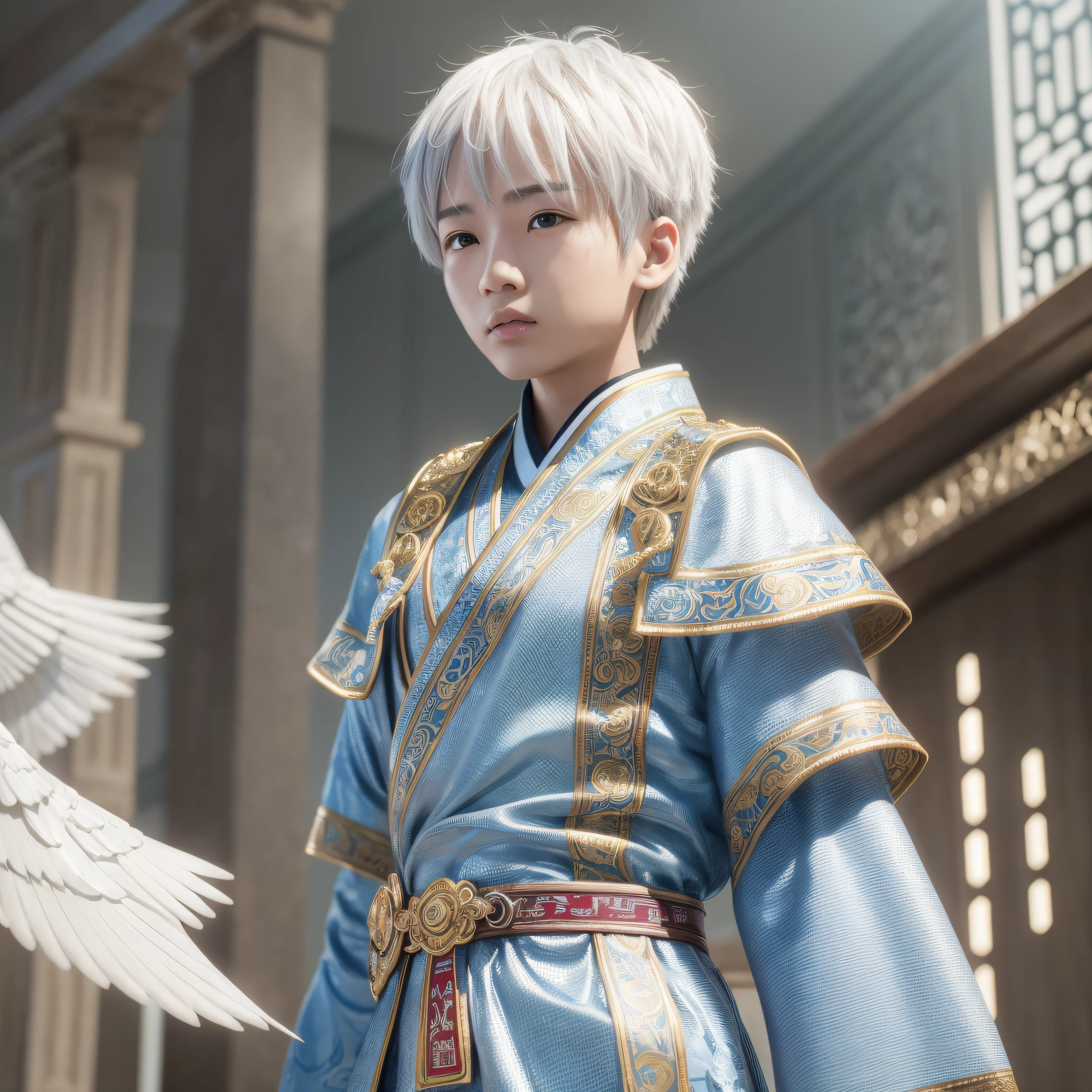 Short hair Chinese boy, , cool style, dressed in Hanfu, silver hair, metal decoration, white clothing, three-dimensional facial features, a divine bird next to him, halo, amazing, gorgeous. 3D, Vray rendering, surrealism, bokeh, low angle shooting, front view, platinum color scheme, cinematic style, cinematic, realism, surreal, fantasy, mythology, product rendering, clean background, ltra detailed, in the style of realistic depiction of light, high detail on light and shadows throughout, intricate details, surreal, hypermaximalist, white studio background, luminous, iridescent, shimmering, Canon EOS - ID mark III --ar 4:5 --upbeta --style raw, hasselblad, ray tracing, Social realism, Surrealism, 8k