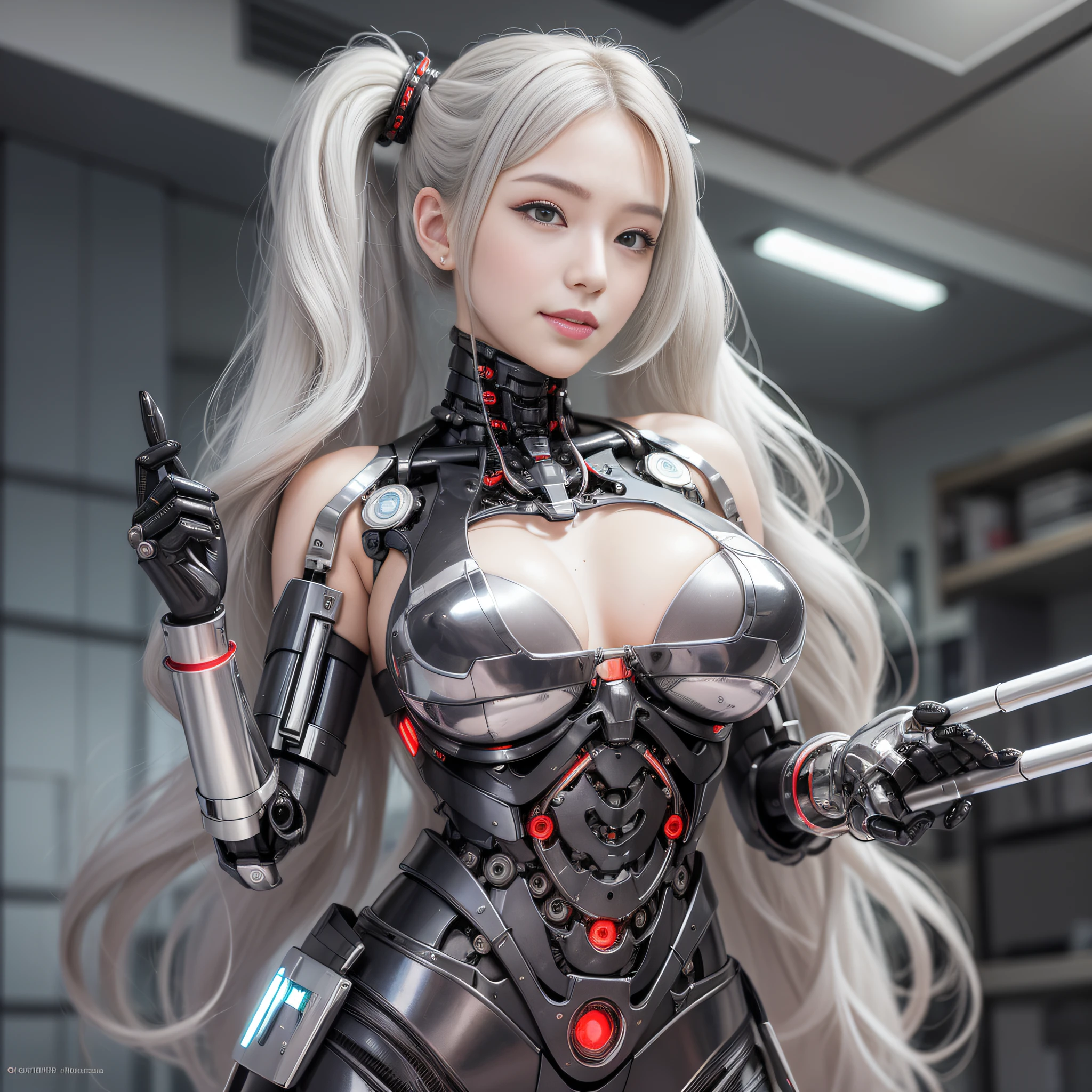Beautiful Face,face is Japan, 1 Woman, Big, Curvaceous, (16k, RAW photo, top quality, masterpiece: 1.2), (HDR, Realistic, Photorealistic: 1.37) (tube attached to the body), (Bikini Cyborg robot parts)))), (light gray hair), Long hair, Wavy hair, Twin tails, Medium shot, ( Seductive smile)), (black eyes), princess cut,from below,(whole body),posing,,in the lab,( tube connected to blood vessel),((mechanical vertebrae attached to the back)),((mechanical neck attached to the neck)),(wire cable attached to the head and body),(character focus),science fiction,perfect female figure,perfect anatomy,ultraanatomy, Full body shot, up to 4 fingers and 1 thumb relationship,