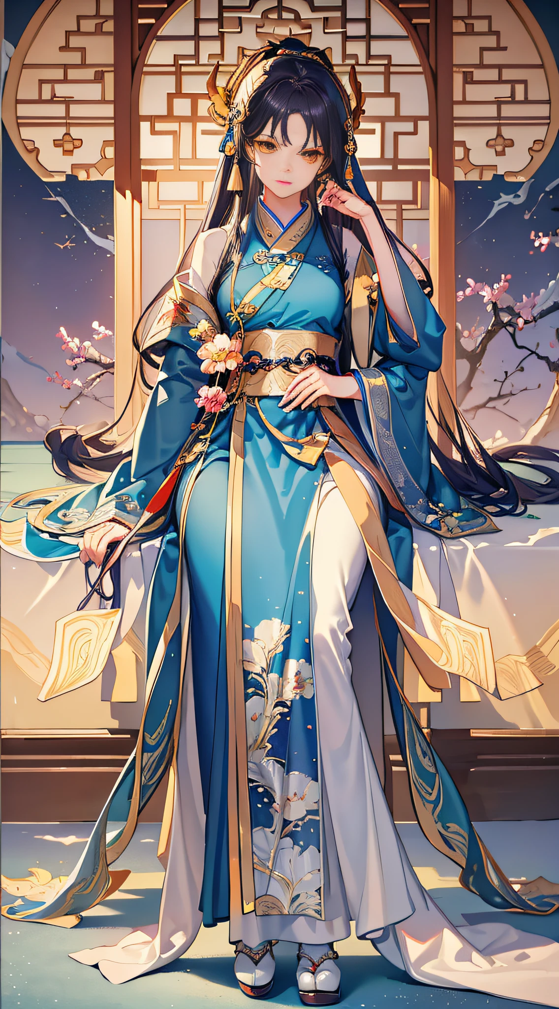 masterpiece, professional lighting, photon mapping, radiosity, physically-based rendering,1girl, absurdres, highres, skyline, beautiful detailed sky, covered,(hanfu, ming style,full body),yellow eyes,