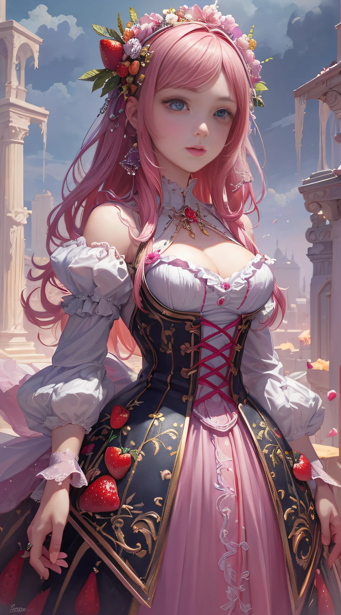 ( Absurd , High quality , ultra detailed, masterpiece, concept art, smooth, highly detailed artwork, hyper realistic painting ) Dreamy , Romantic , Vivid, girl , pink , strawberry, strawberry shortcake character, cute , whole body , colorful