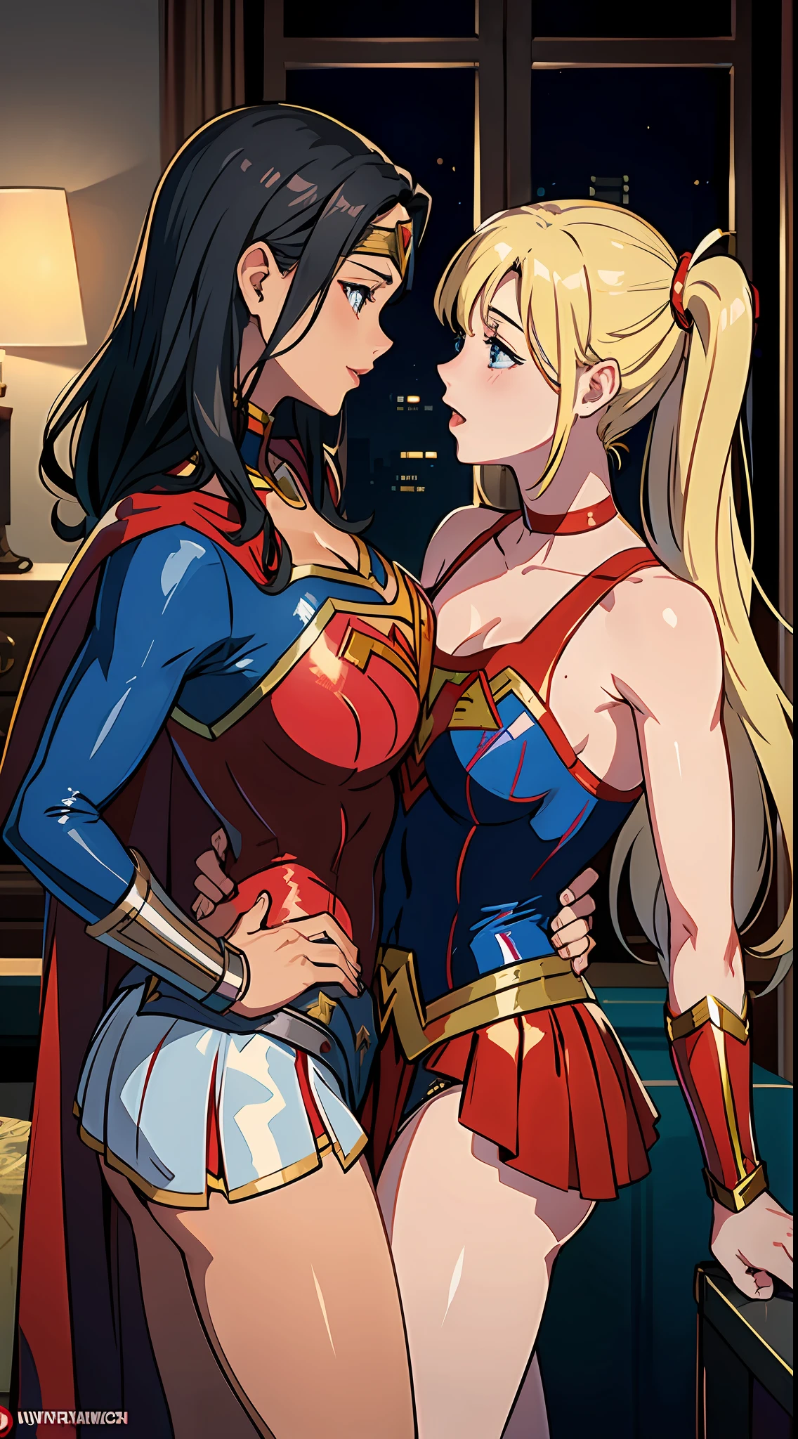 2 women kissing, cosplay, party, dressed as Wonder Woman and Supergirl, sensual, provocative, very erotic, yuri."