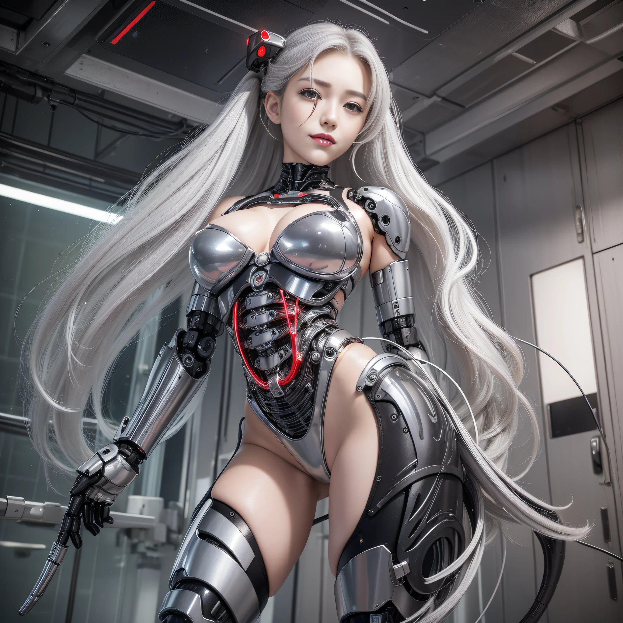 Beautiful Face,face is Japan, 1 Woman, Big, Curvaceous, (16k, RAW photo, top quality, masterpiece: 1.2), (HDR, Realistic, Photorealistic: 1.37) (tube attached to the body), (Bikini Cyborg robot parts)))), (light gray hair), Long hair, Wavy hair, Twin tails, Medium shot, ( Seductive smile)), (black eyes), princess cut,from below,(whole body),posing,,in the lab,( tube connected to blood vessel),((mechanical vertebrae attached to the back)),((mechanical neck attached to the neck)),(wire cable attached to the head and body),(character focus),science fiction,perfect female figure,perfect anatomy,ultraanatomy, Full body shot, up to 4 fingers and 1 thumb relationship,