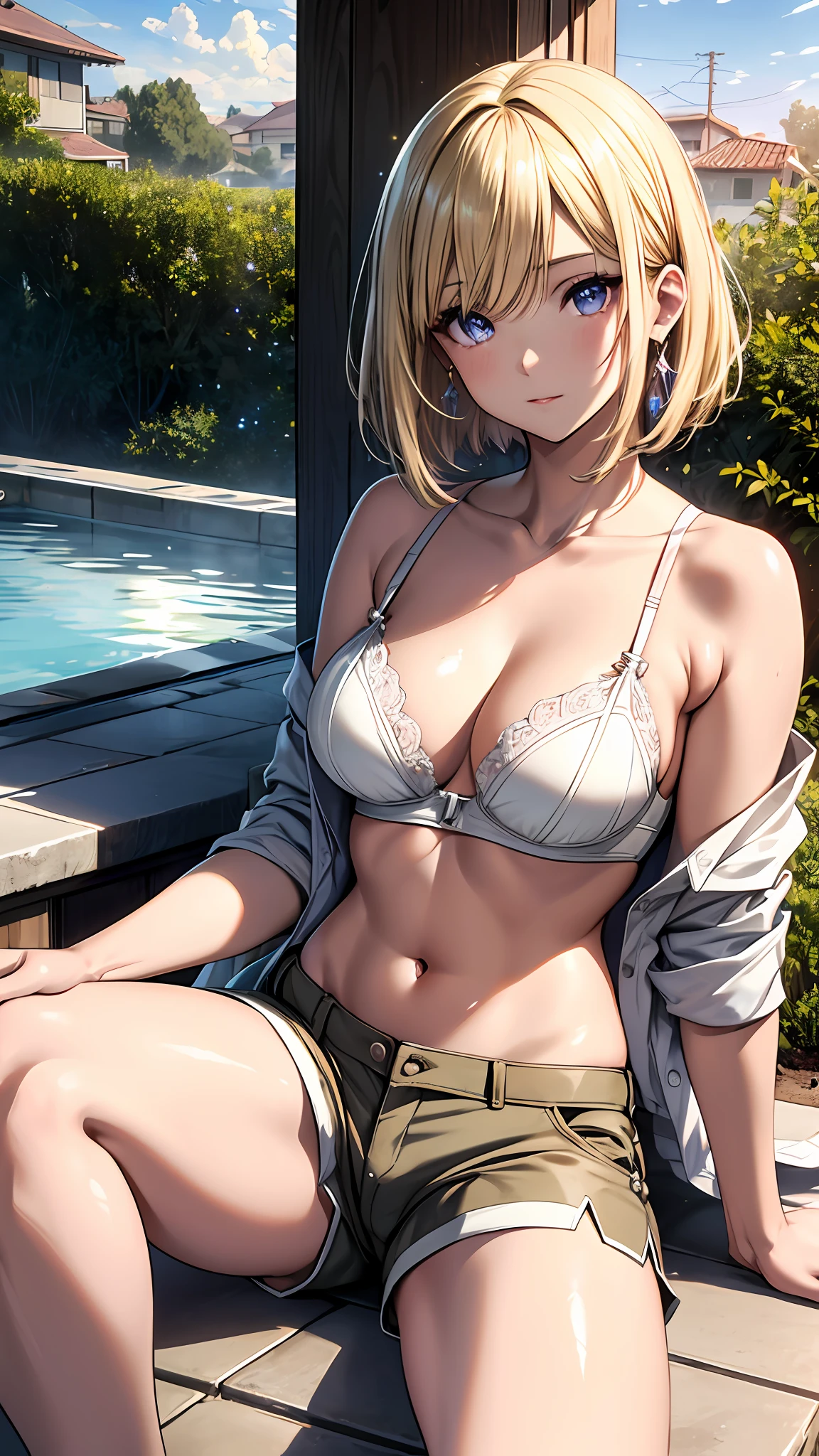 Realistic, Hyper Detail, Girls Only, one side short layered bob, Dynamic Lighting, ((sitting,open legs)), (Glossy skin: 1.5), Masterpiece, Top Quality, Absurdity, Watching Viewer, ((Blonde:0,7) and (light purple inner color:0.3) Hair), deep Purple Clear Eyes,((Beautiful, detailed eyes, jewel-like eyes, sparkling eyes:1.3)), Slender, High Resolution, Sharp Focus, Depth of Field, Detail Eyes, Sharp Eyes, (Realistic Eyes)), outdoors, sunrise sky,Open-air bath of a long-established hot spring inn,(beige bra with crotch open sexy shorts): 1.5)