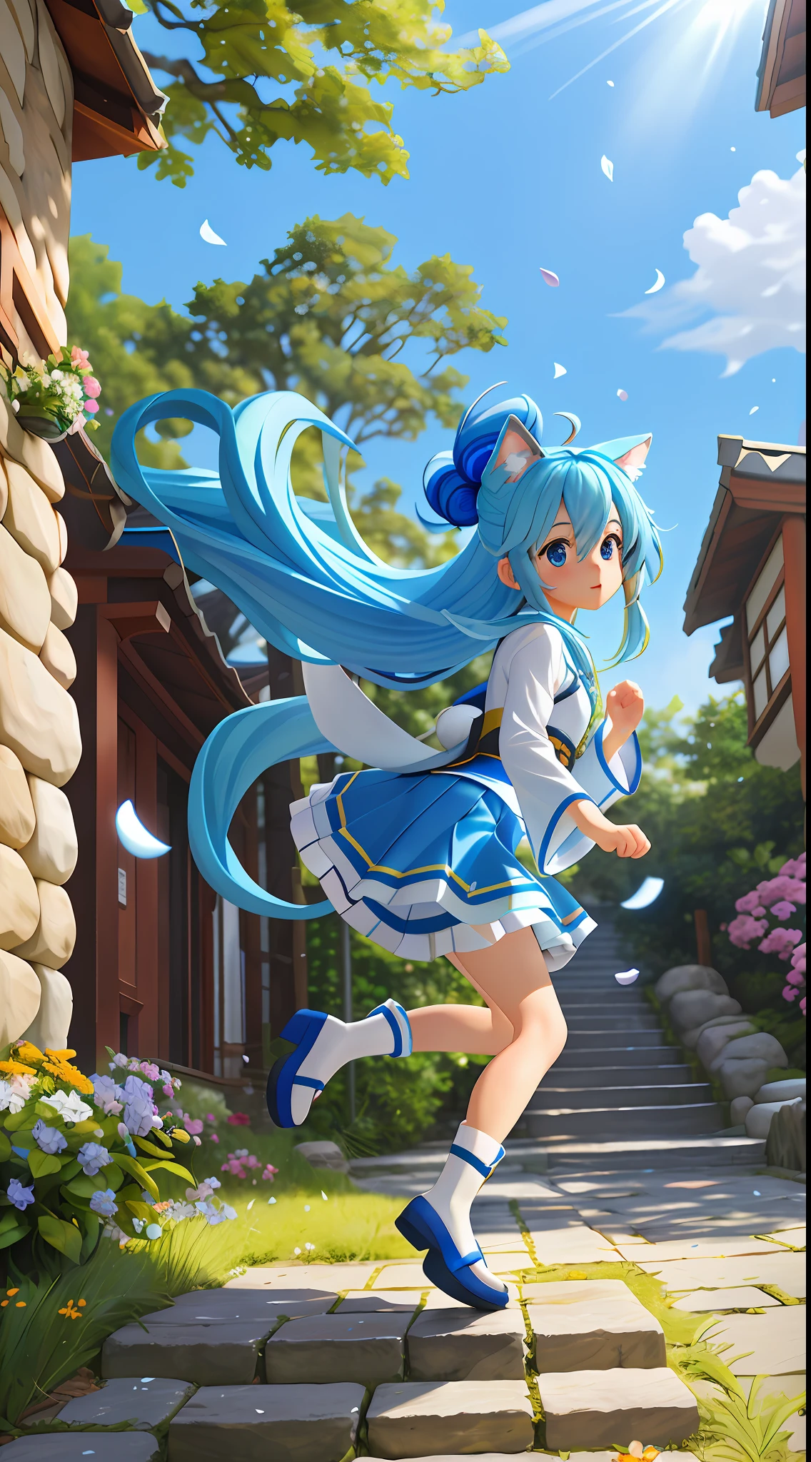 menina_aqua_konosuba dog, long hair, blue hair, dog ears blue eyes, detached long sleeves, white kimono, pleated miniskirt, dog's tail diffuse sunlight, depth of field, light particles, strong wind, blue sky, shrine, stone stairs, falling flower petals, facial focus