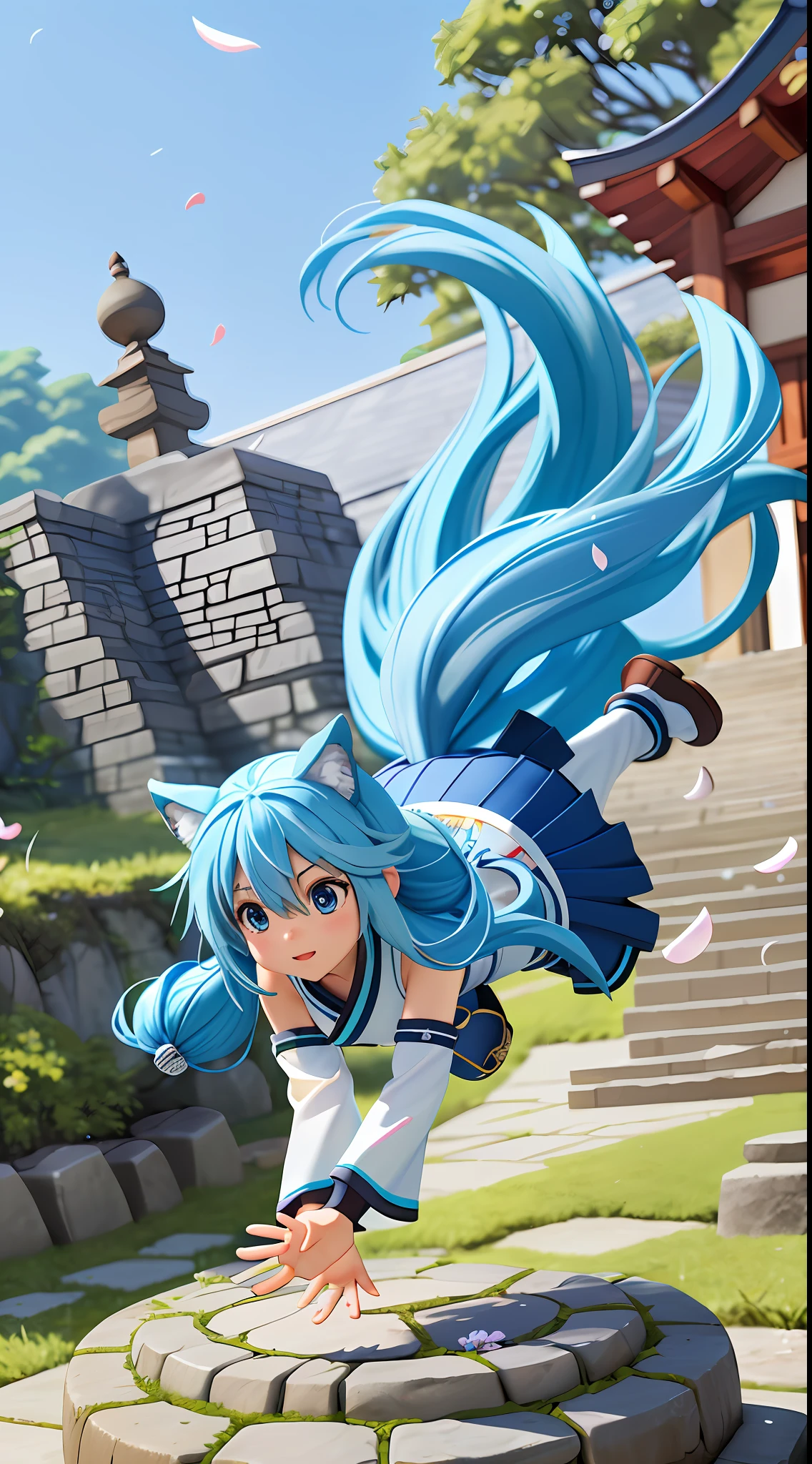 ******_aqua_konosuba dog, long hair, blue hair, dog ears blue eyes, detached long sleeves, white kimono, pleated miniskirt, dog's tail diffuse sunlight, depth of field, light particles, strong wind, blue sky, shrine, stone stairs, falling flower petals, facial focus