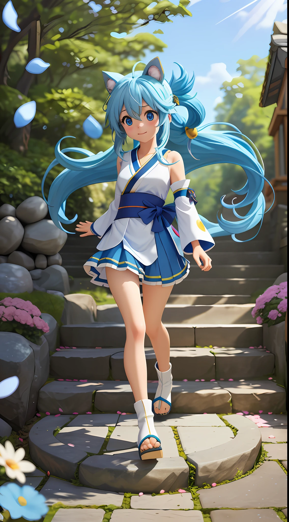 _aqua_konosuba dog, long hair, blue hair, dog ears blue eyes, detached long sleeves, white kimono, pleated miniskirt, dog's tail diffuse sunlight, depth of field, light particles, strong wind, blue sky, shrine, stone stairs, falling flower petals, facial focus