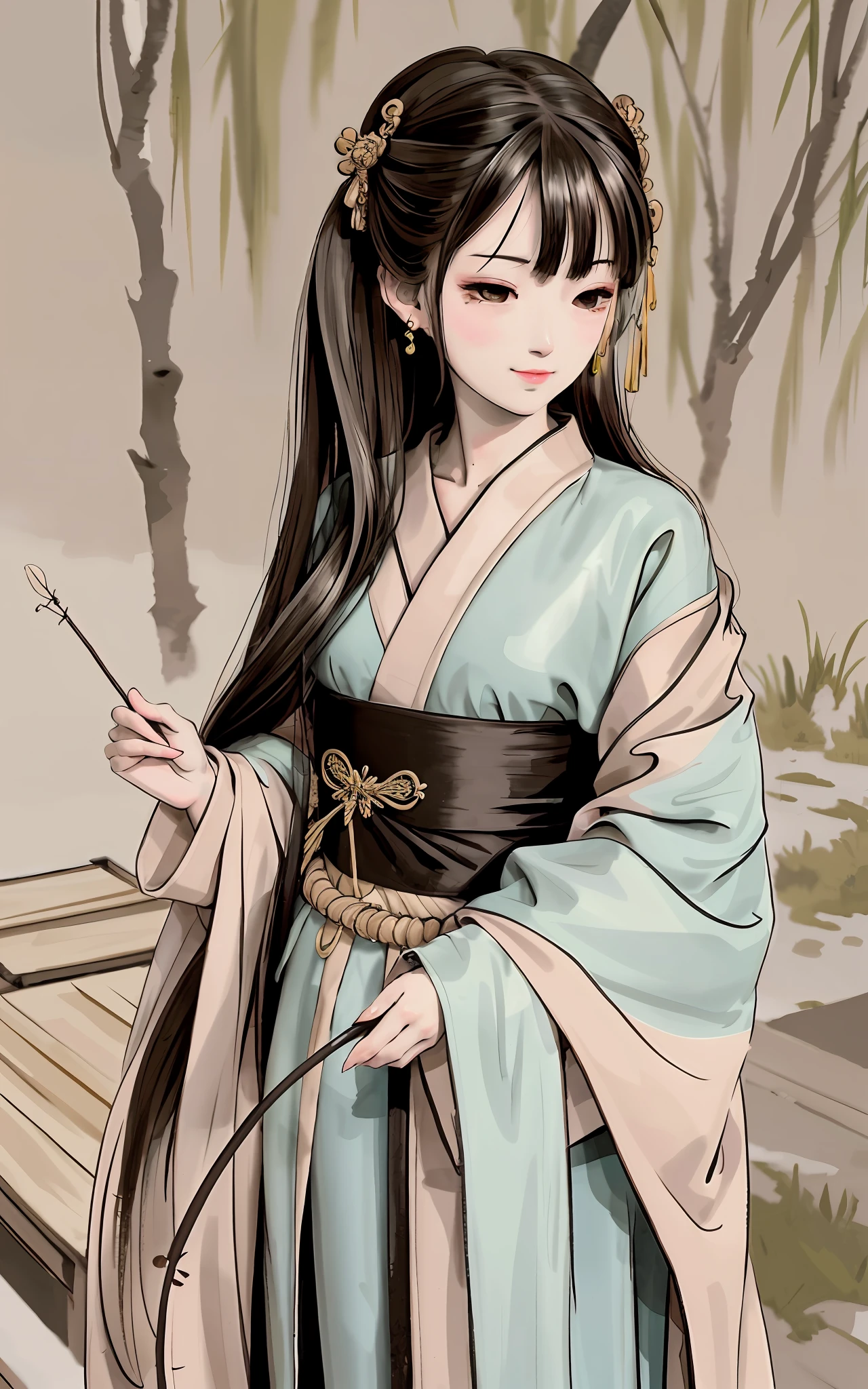 shukezouma, negative space, , shuimobysim, portrait of a standing woman, willow branch, (masterpiece, best quality:1.2), traditional Chinese ink painting, model photography style, peace, (smile), looking at viewer , Wearing long Hanfu, Hanfu, Song, with willow trees in the background, Wuchangshuo,