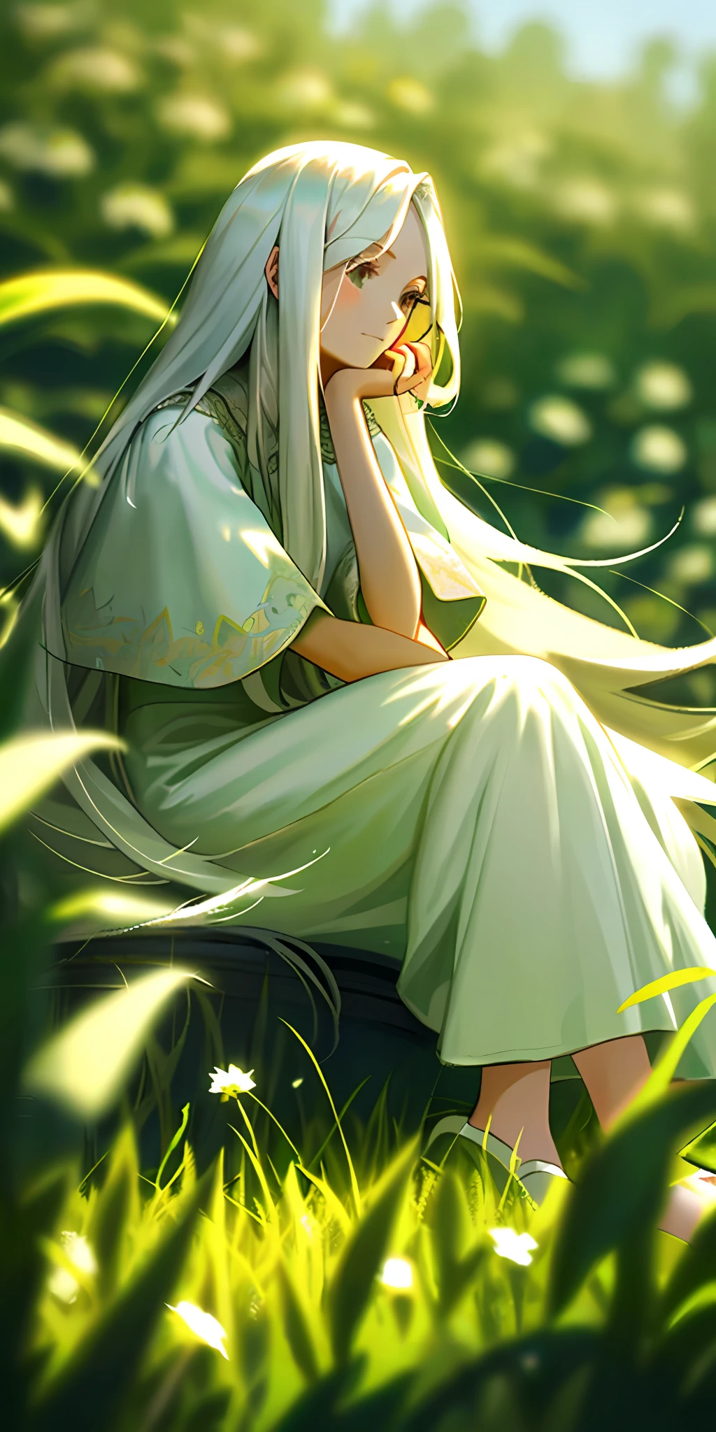 (masterpiece, best quality),1girl with long white hair sitting in a field of green plants and flowers, her hand under her chin, warm lighting, white dress, blurry foreground
