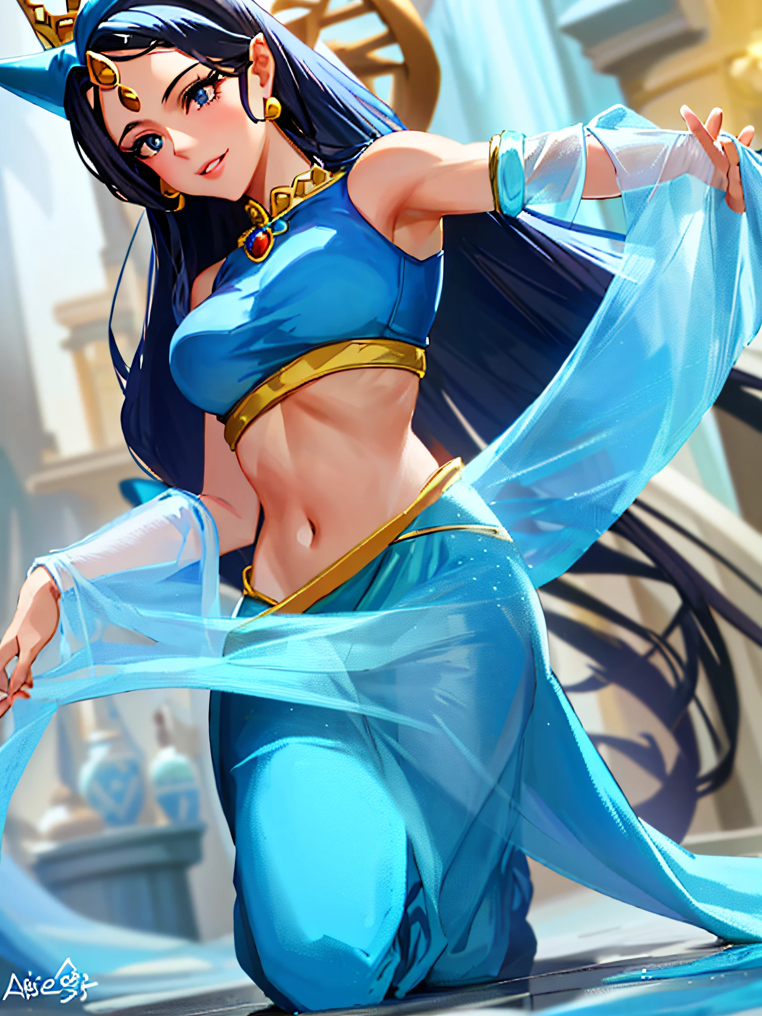 araffe figure of a woman in a blue outfit kneeling on a floor, princess jasmine, pop up parade figure, beautiful genie girl, jasmine, pvc figurine, as seen on artgerm, ( highly detailed figure ), persian princess, disney artist, anime figurine, genie, close body shot, arabian princess, royal elegant pose, belle, lina