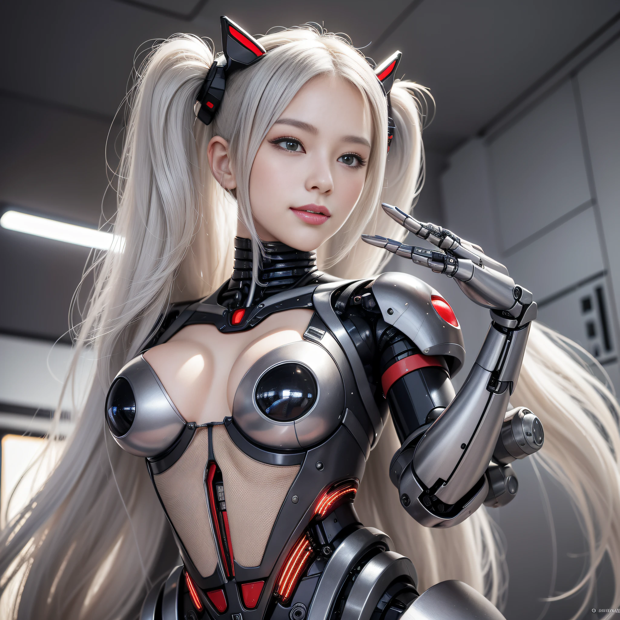 Beautiful Face,face is Japan, 1 Woman, Big, Curvaceous, (16k, RAW photo, top quality, masterpiece: 1.2), (HDR, Realistic, Photorealistic: 1.37) (tube attached to the body), (Bikini Cyborg robot parts)))), (light gray hair), Long hair, Wavy hair, Twin tails, Medium shot, ( Seductive smile)), (black eyes), princess cut,from below,(whole body),posing,,in the lab,( tube connected to blood vessel),((mechanical vertebrae attached to the back)),((mechanical neck attached to the neck)),(wire cable attached to the head and body),(character focus),science fiction,perfect female figure,perfect anatomy,ultraanatomy, Full body shot, up to 4 fingers and 1 thumb relationship,