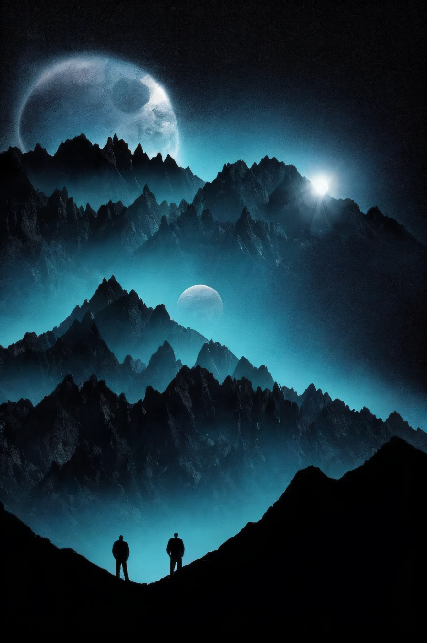 Dreamlike art, [bright light, painted textures, telescopes, swirling galaxies, cosmic horror beyond comprehension: ink, shadows: 0.25], male figures, gaze, double faces, mountain skyline, sun, [glitch | data bend].