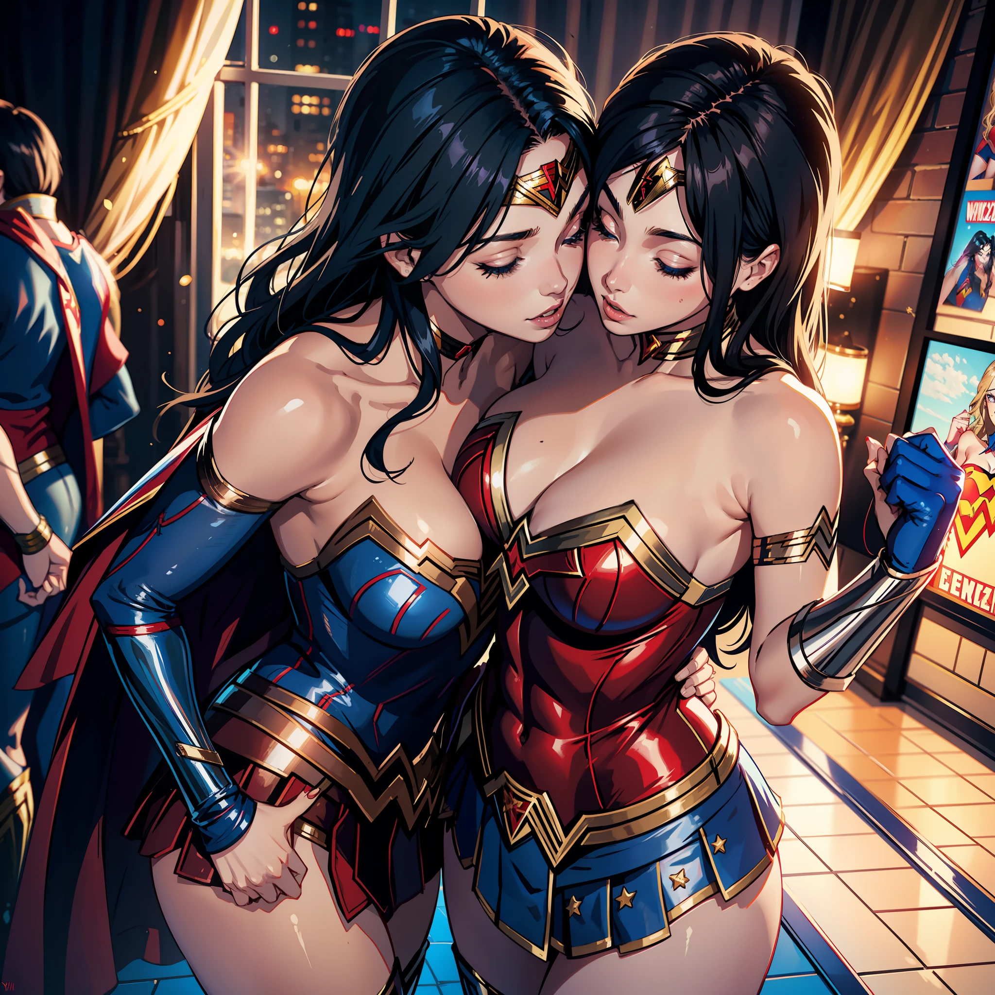 "2 women kissing, cosplay, party, dressed as Wonder Woman and Supergirl, sensual, provocative, very erotic, yuri."