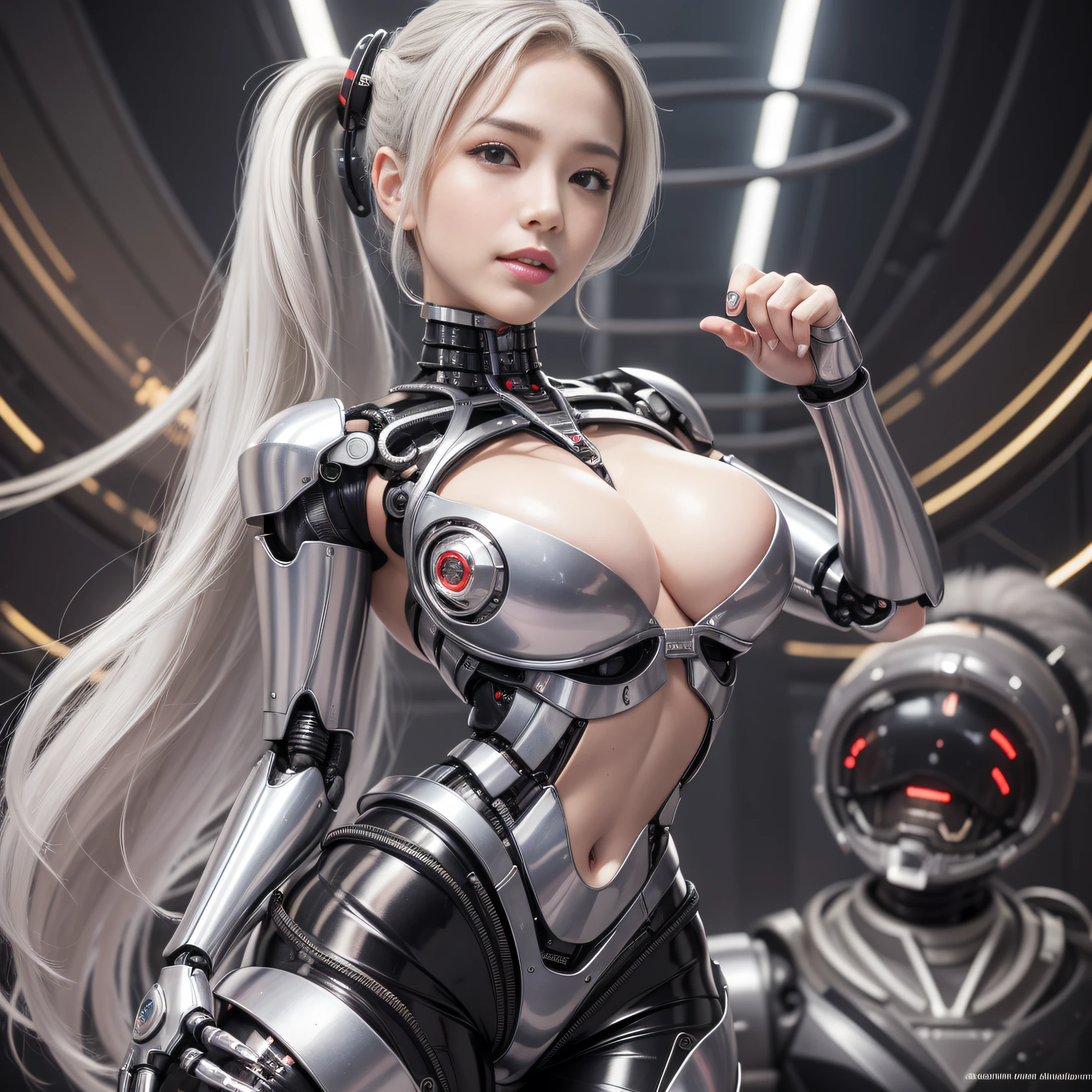 Beautiful Face,face is Japan, 1 Woman, Big, Curvaceous, (16k, RAW photo, top quality, masterpiece: 1.2), (HDR, Realistic, Photorealistic: 1.37) (tube attached to the body), (Bikini Cyborg robot parts)))), (light gray hair), Long hair, Wavy hair, Twin tails, Medium shot, ( Seductive smile)), (black eyes), princess cut,from below,(whole body),posing,,in the lab,( tube connected to blood vessel),((mechanical vertebrae attached to the back)),((mechanical neck attached to the neck)),(wire cable attached to the head and body),(character focus),science fiction,perfect female figure,perfect anatomy,ultraanatomy, Full body shot, up to 4 fingers and 1 thumb relationship,